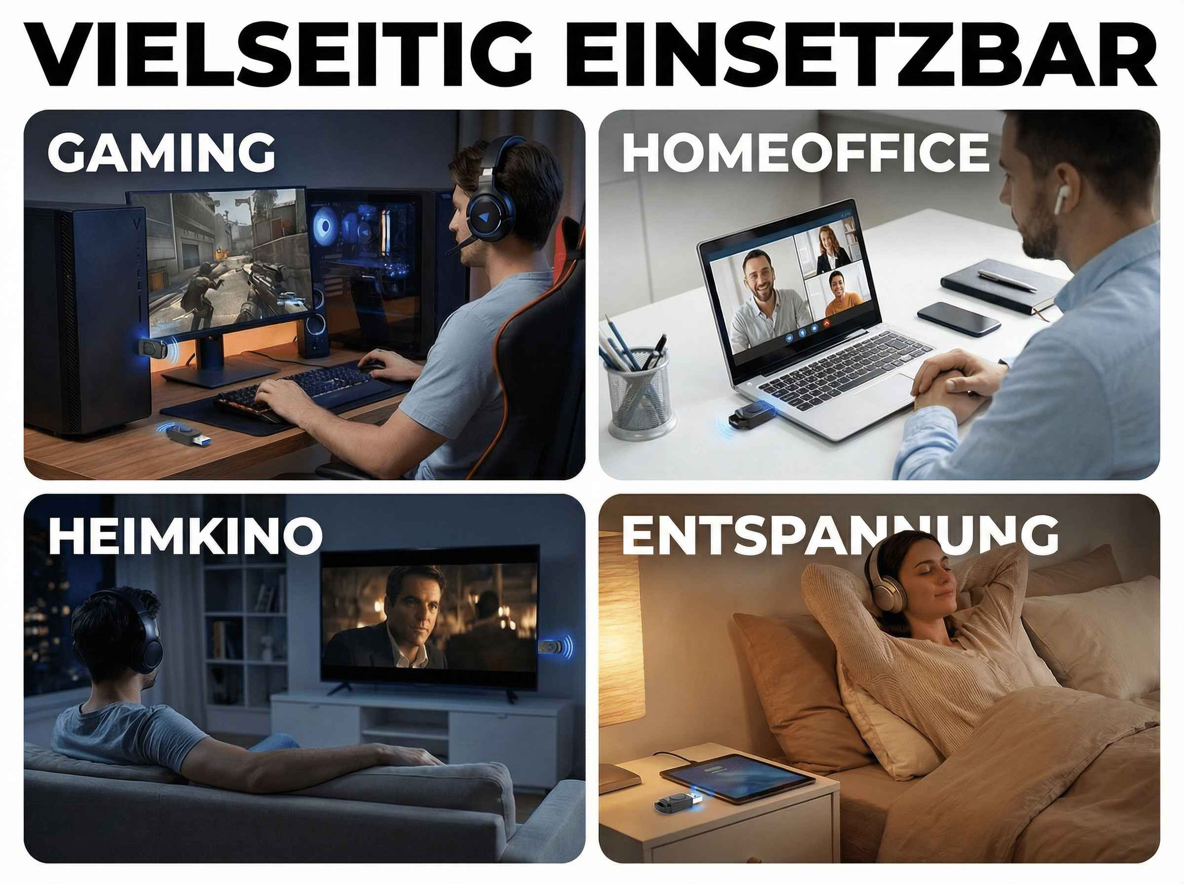 Vier Szenen: Gaming, Homeoffice, Heimkino, Entspannung. Mann spielt, Videoanruf, Film, Frau hört Musik.