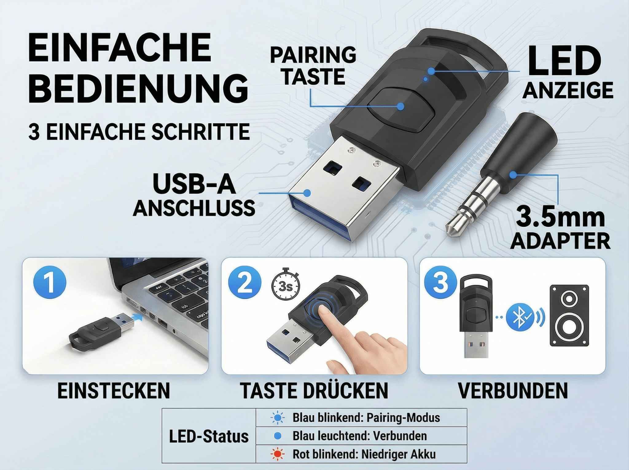 Ein USB-A Bluetooth-Adapter wird in einen Laptop gesteckt, dann gedrückt und mit einem Lautsprecher verbunden.