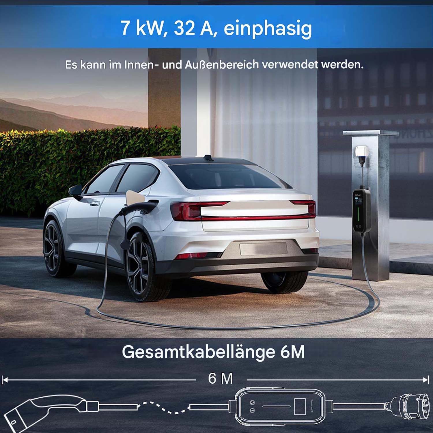 Ein weißes Elektroauto lädt an einer Ladestation. Gesamtkabellänge 6M.