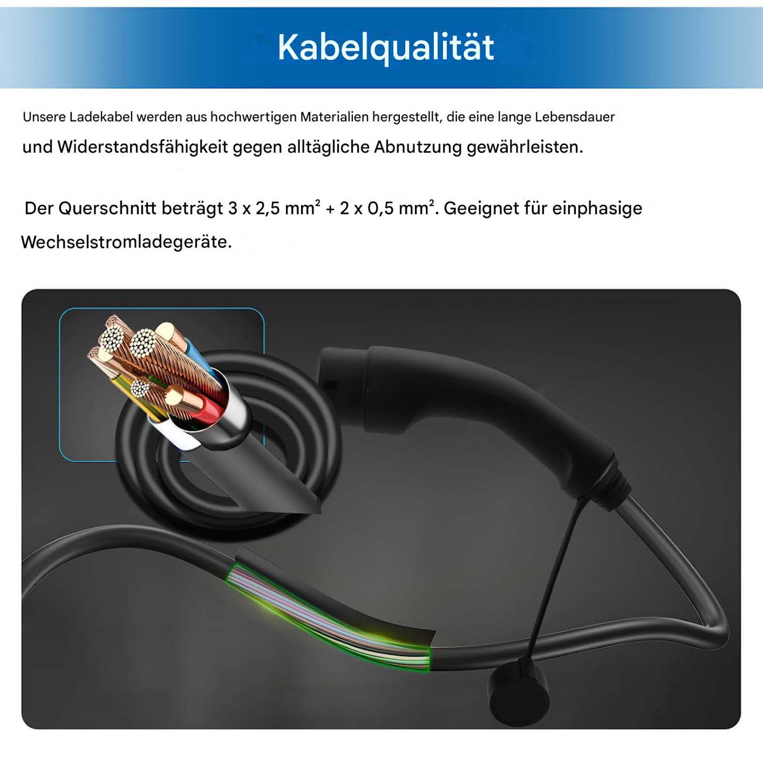 Detailaufnahme eines Ladekabels mit freigelegten Kupferleitern und schwarzer Ummantelung.