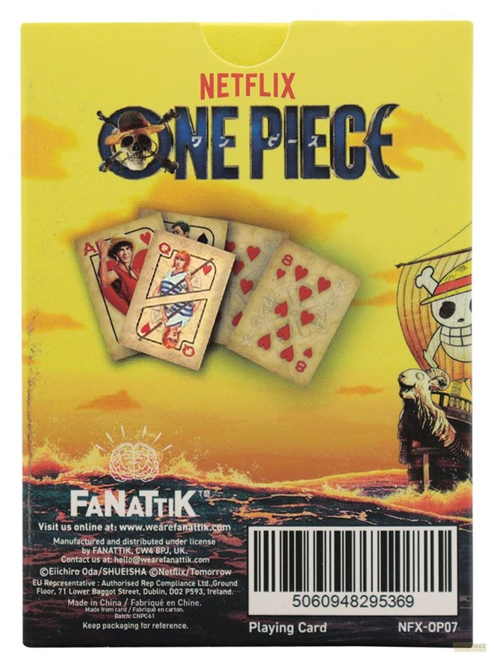 Netflix One Piece Spielkarten mit Jolly Roger, Schiff und Charakteren.
