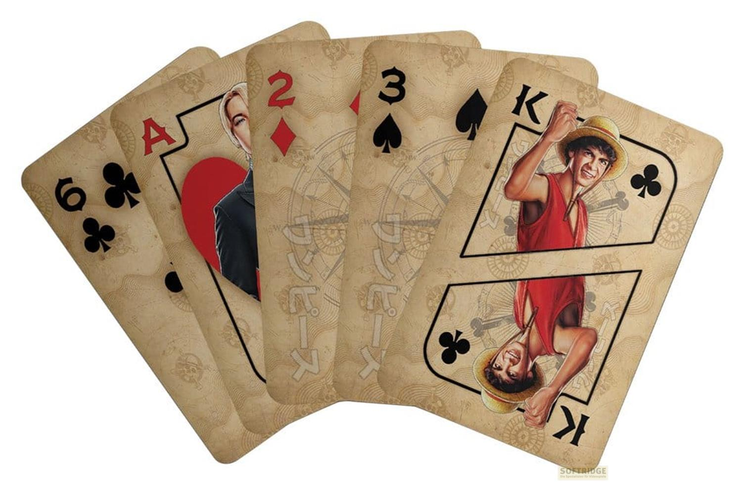 Spielkarten mit Anime-Figuren: 6 Kreuz, Ass, 2 Karo, 3 Pik, König.