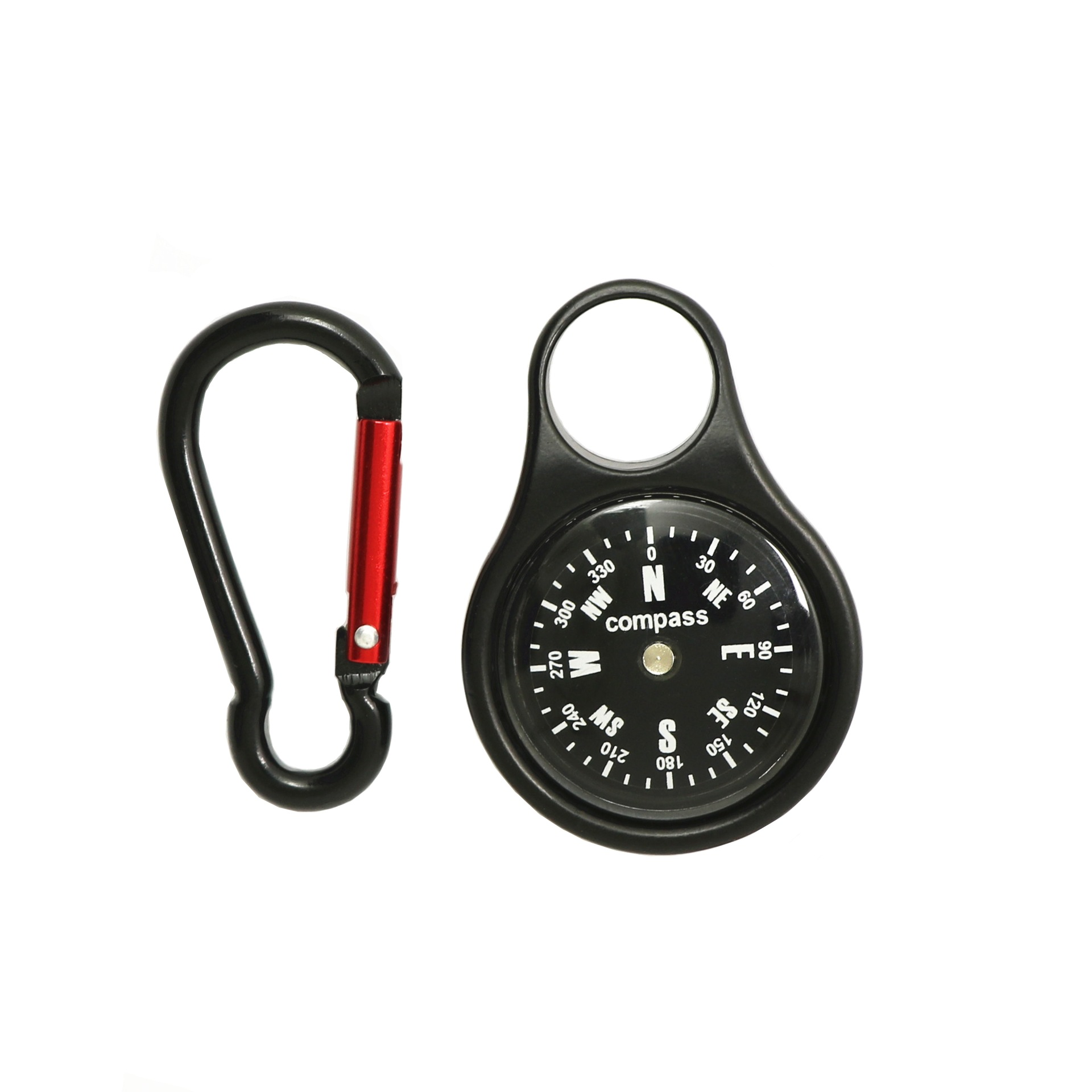 Schwarzer Karabiner mit rotem Clip und schwarzer Kompassnebenan.