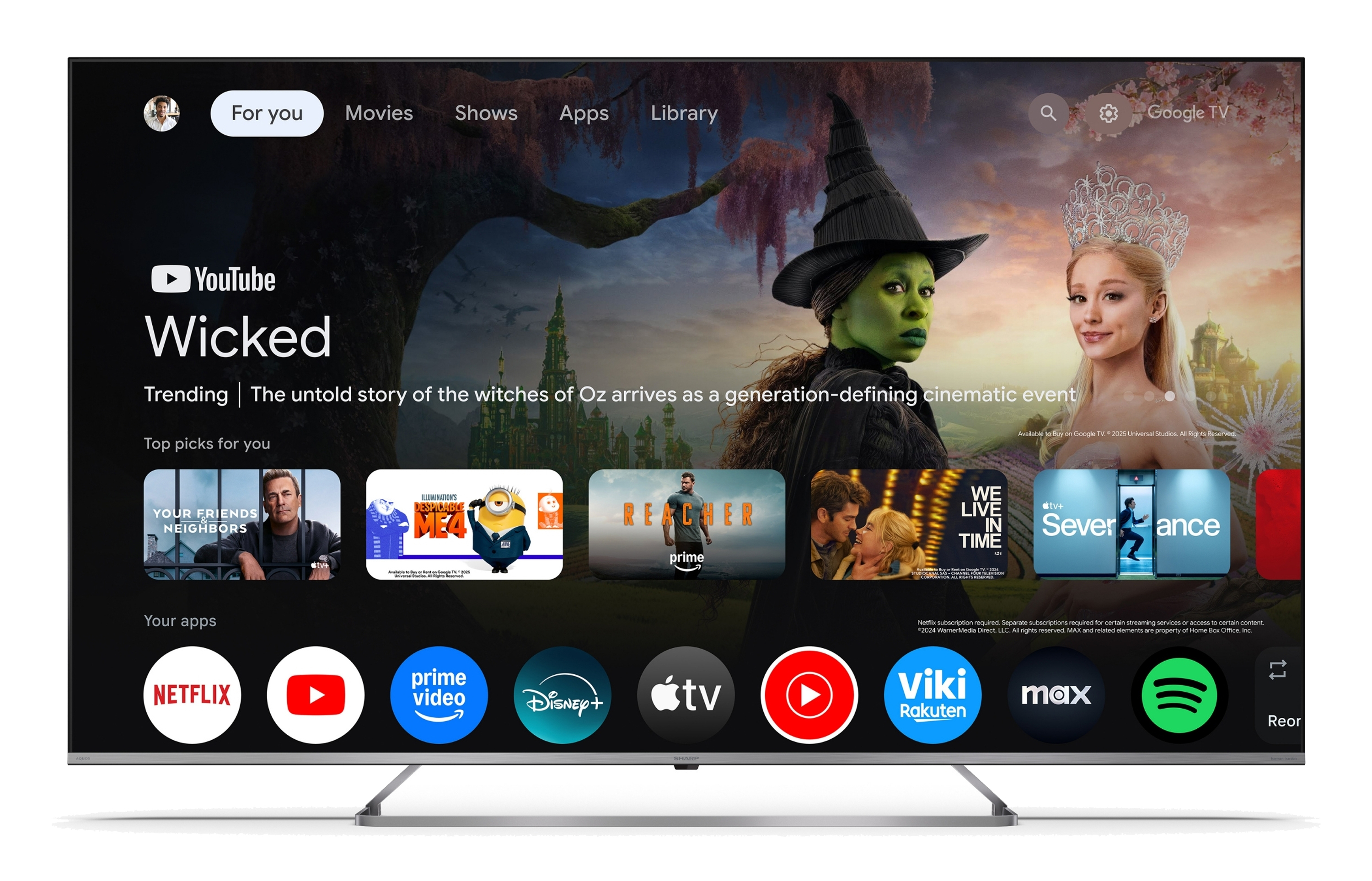 Google TV Startbildschirm mit Filmen und Apps, inklusive "Wicked" und "Despicable Me 4".