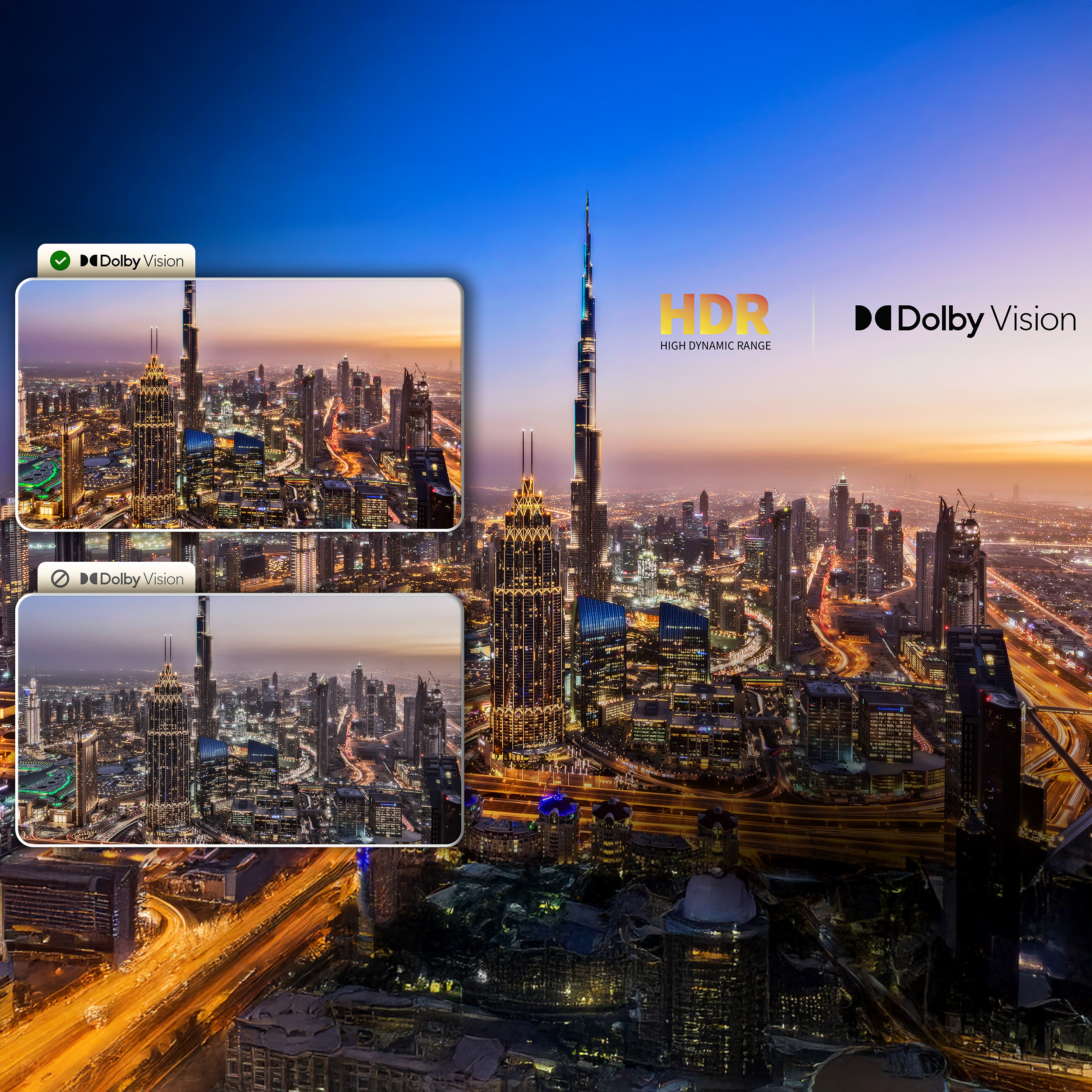 Skyline bei Nacht mit Burj Khalifa, HDR und Dolby Vision Logos.