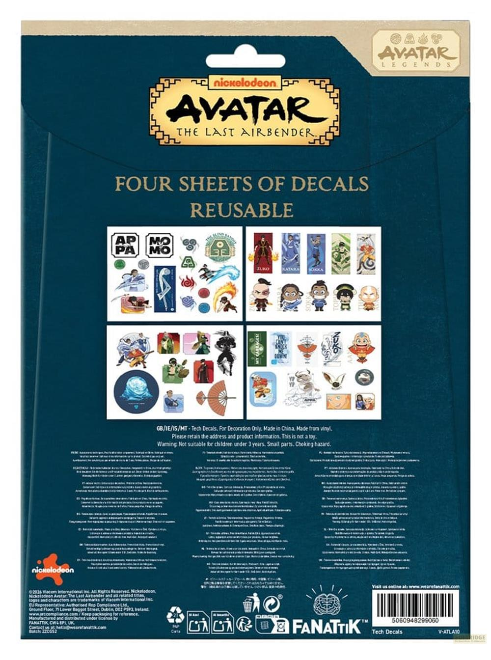 Avatar: The Last Airbender Aufkleberbögen mit Charakteren und Symbolen auf dunkelblauem Hintergrund.