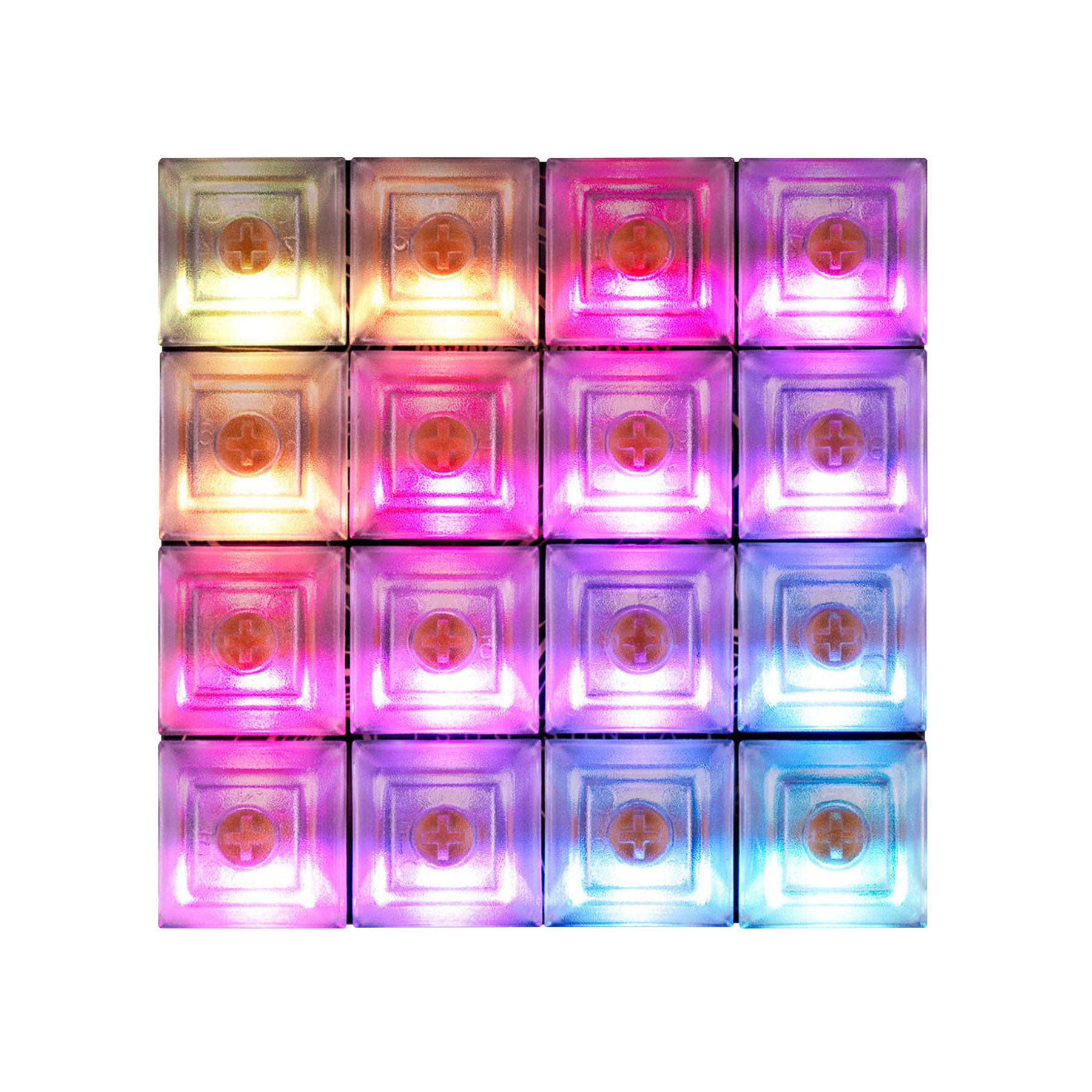 Sechzehn quadratische LEDs leuchten in verschiedenen Farben, von Gelb bis Blau.