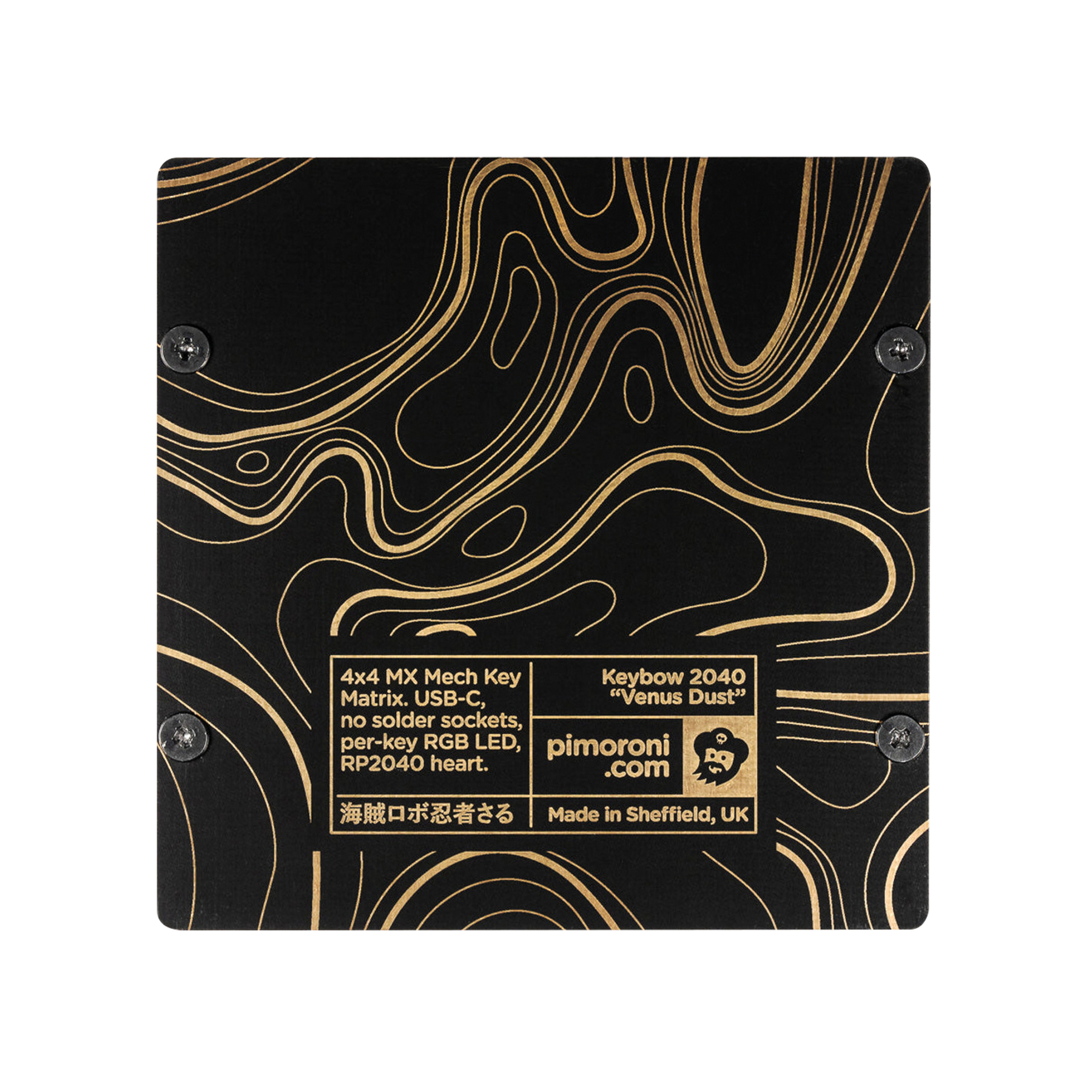 Schwarze Platte mit goldenen Wellenlinien, Details und Schrauben.