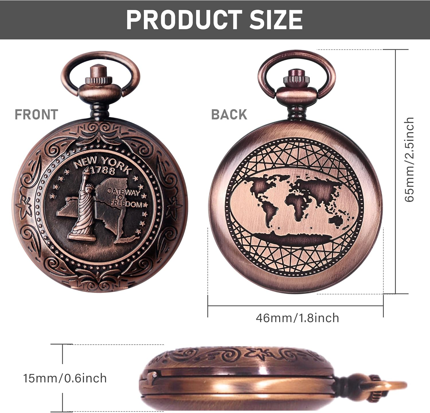 Produktgrößenangaben einer bronzenen Taschenuhr. Vorderseite zeigt Freiheitsstatue, Rückseite Weltkarte.