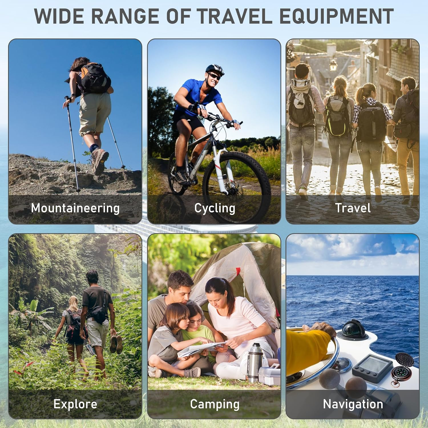 Sechs Bilder: Bergsteigen, Radfahren, Reisen, Erkunden, Camping, Navigation.