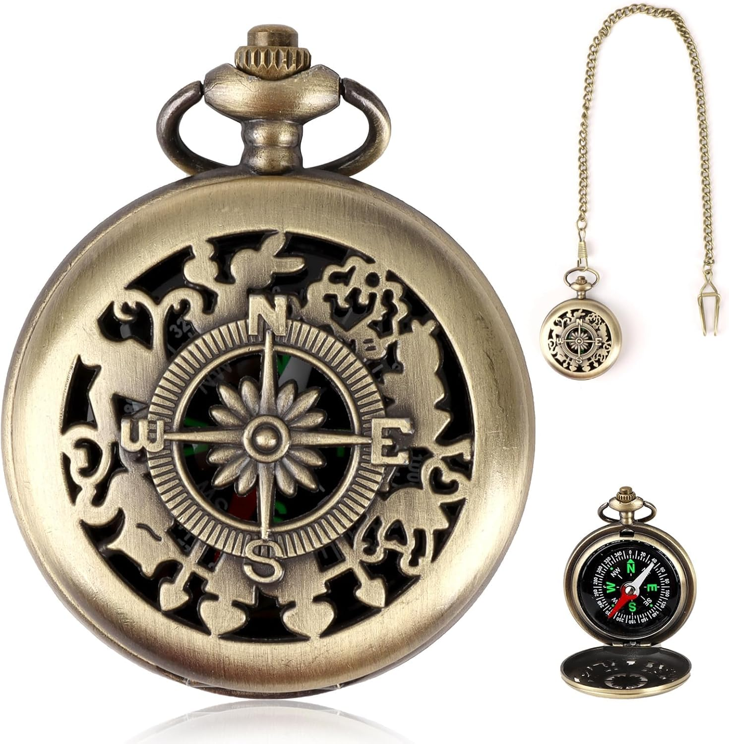Antike Bronzetaschenuhr mit Kompasszifferblatt und Kette. Geöffnete Uhr zeigt Kompass.