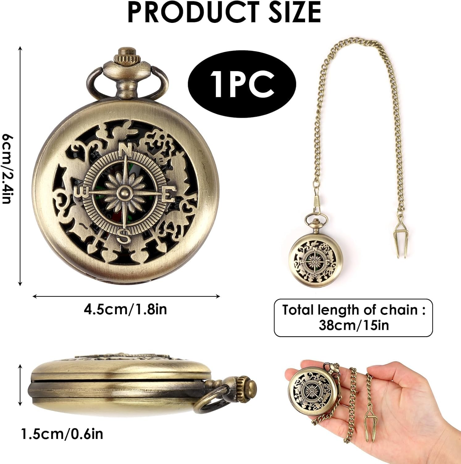 Bronzefarbene Taschenuhr mit Kette, Maße angegeben.