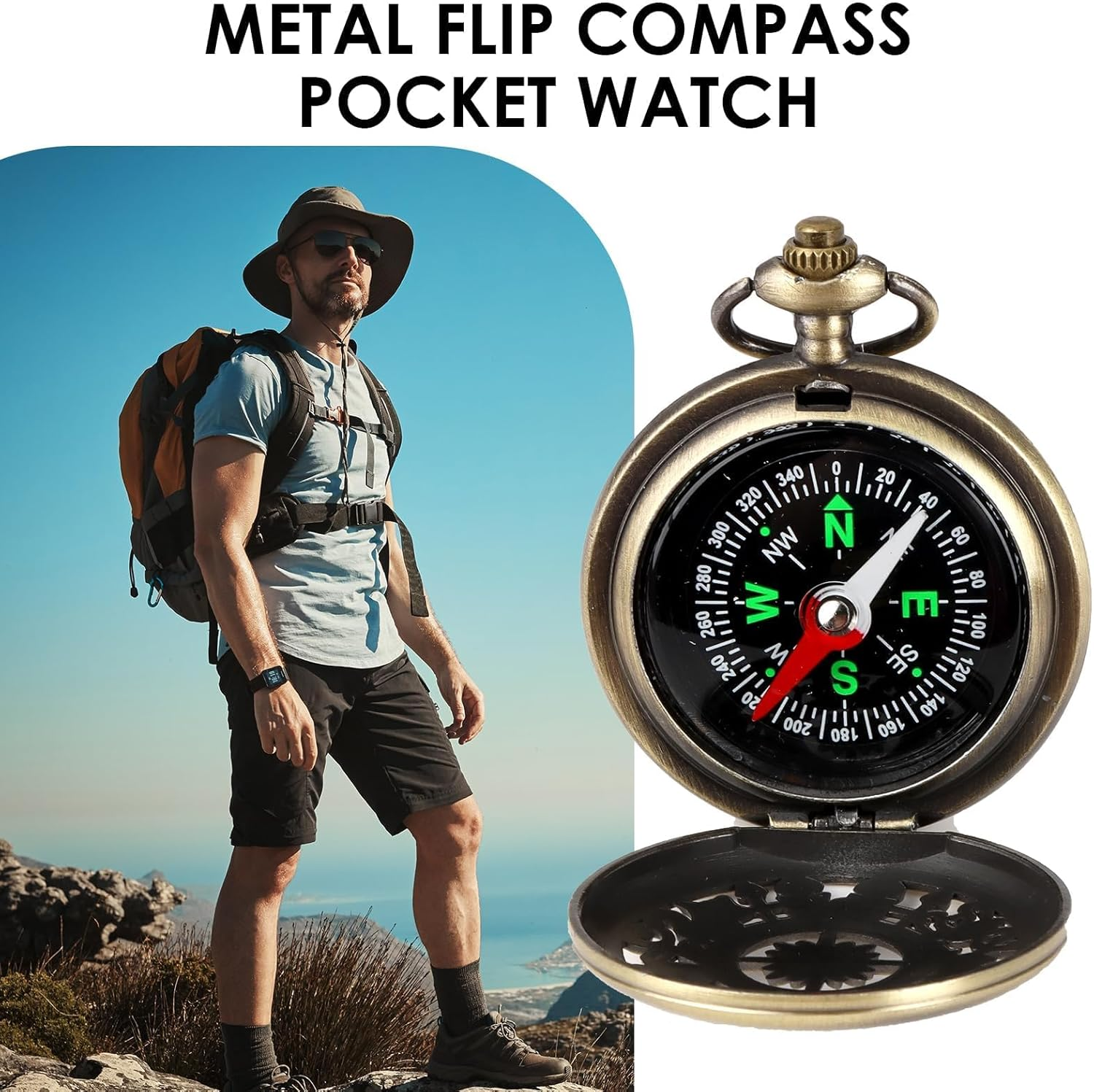 Ein Mann mit Rucksack steht auf einem Berg. Daneben eine Taschenuhr-Kompass.