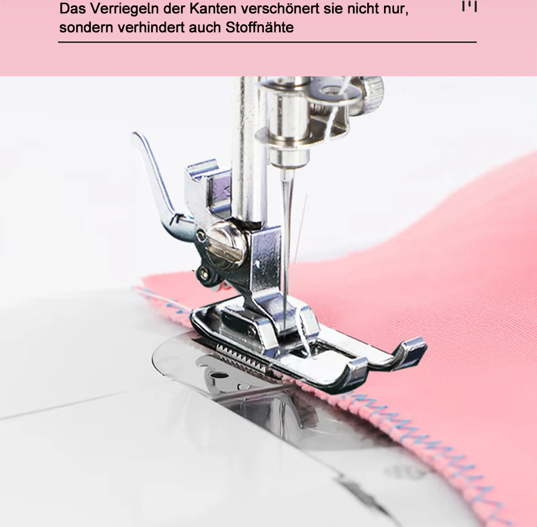Nahfuß mit Nadel auf rosa Stoff, der genäht wird.