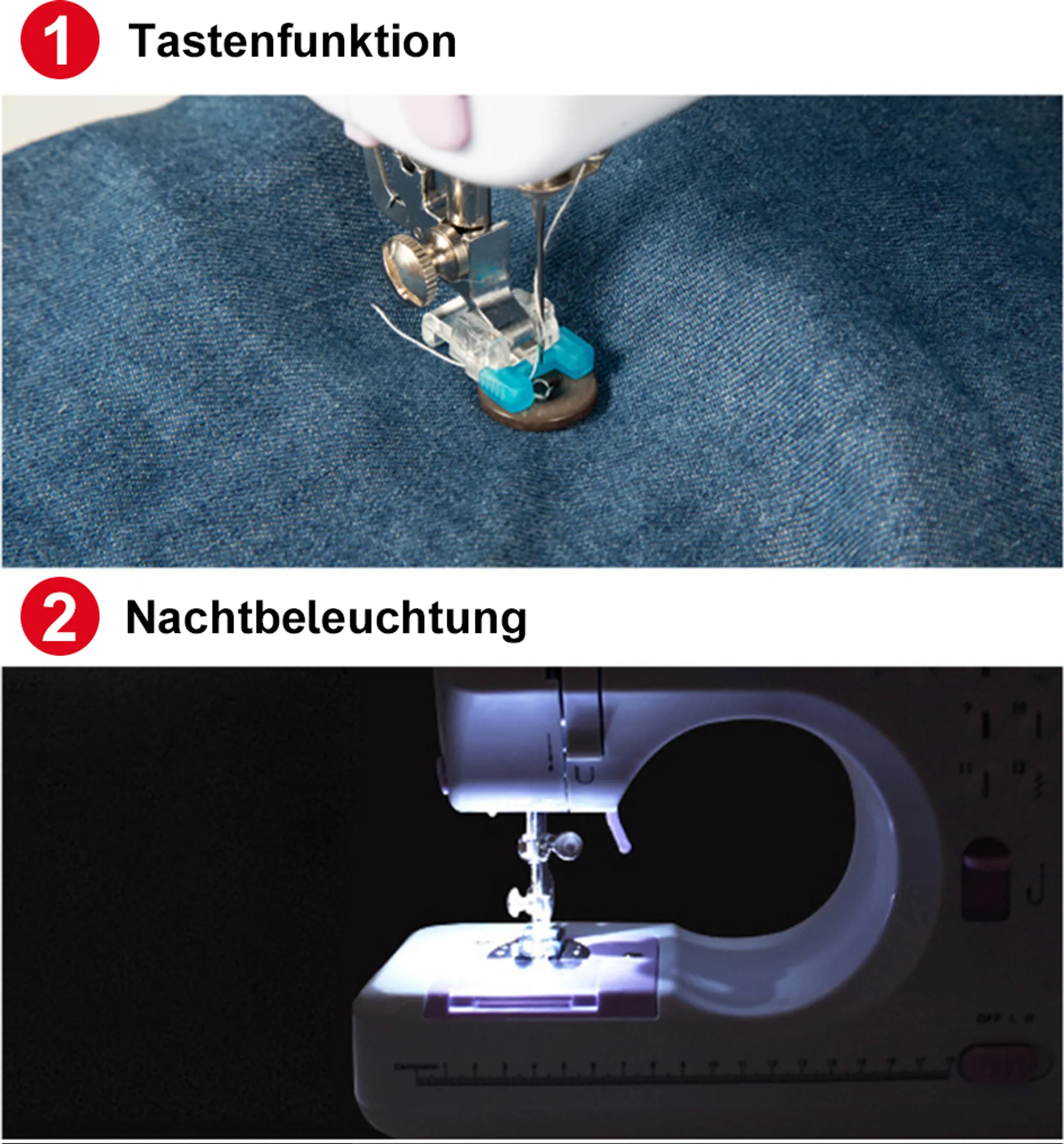 Nähfuß näht Knopf auf blauen Jeansstoff; Nählicht beleuchtet Nähbereich.