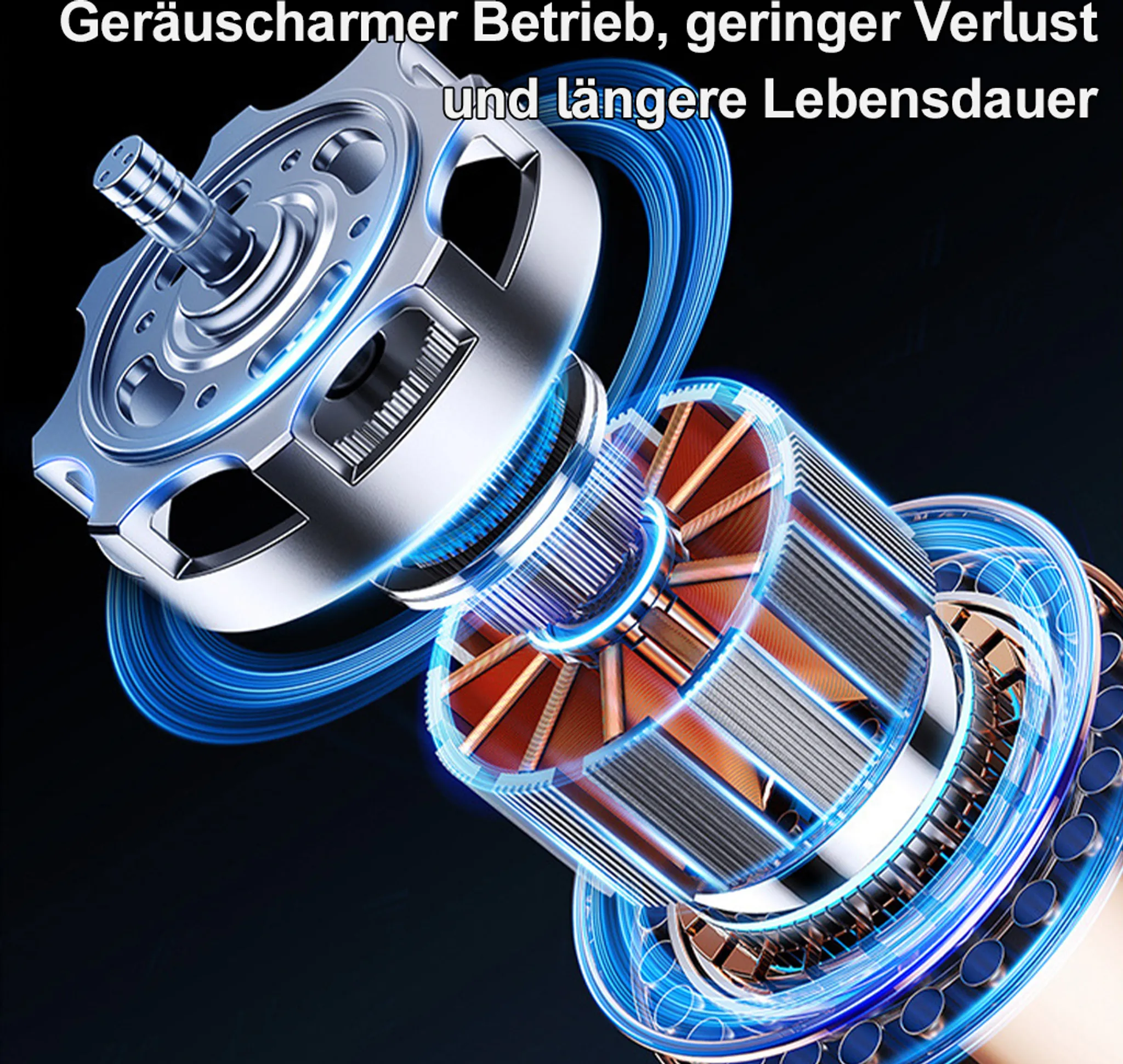 Ein detaillierter Blick auf einen Elektromotor mit Kupferwicklungen und blauem Leuchten.