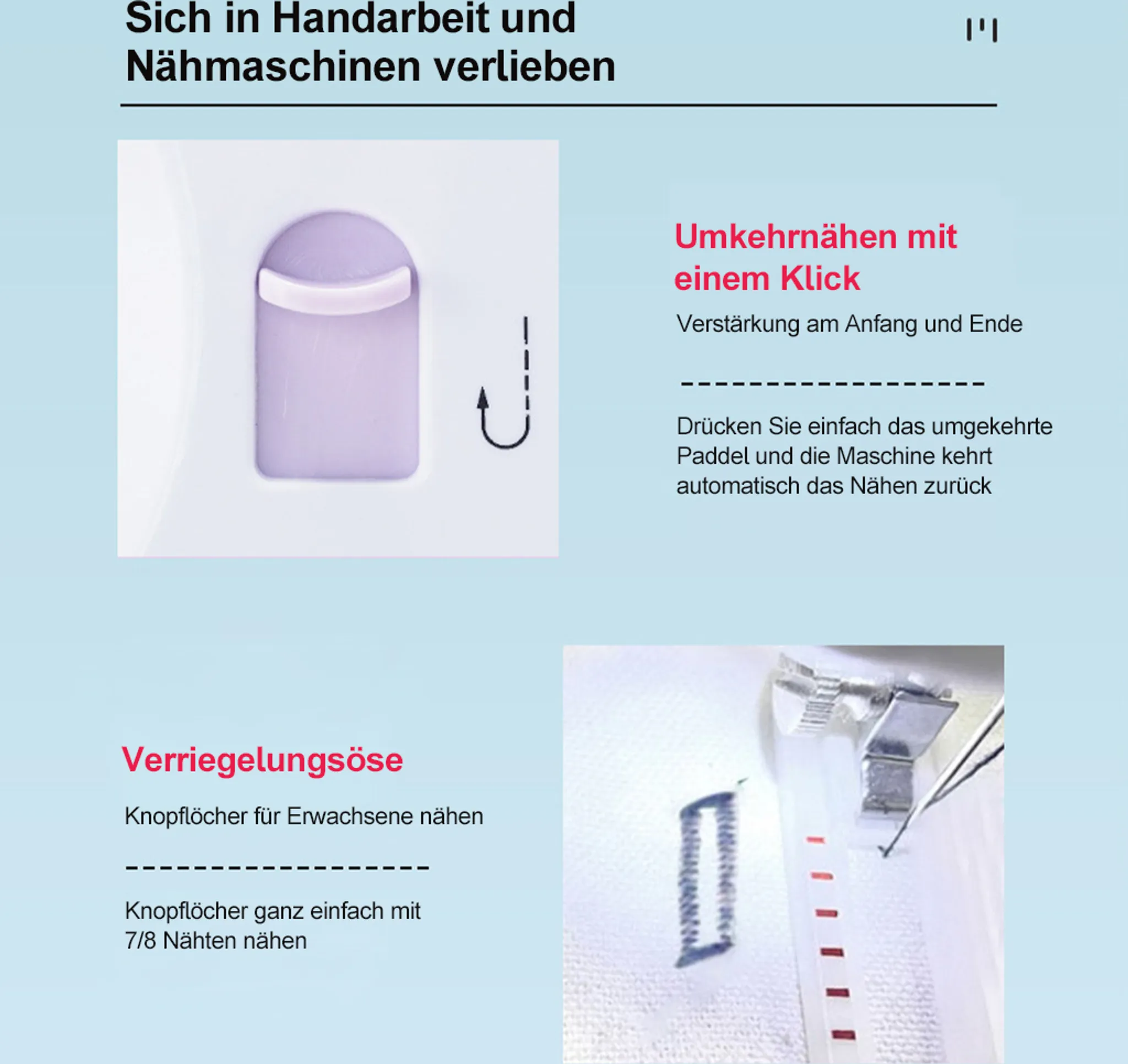 Nähmaschinenteile: Knopflochfuß, Nadel, Faden, Stoff und ein Werkzeug.