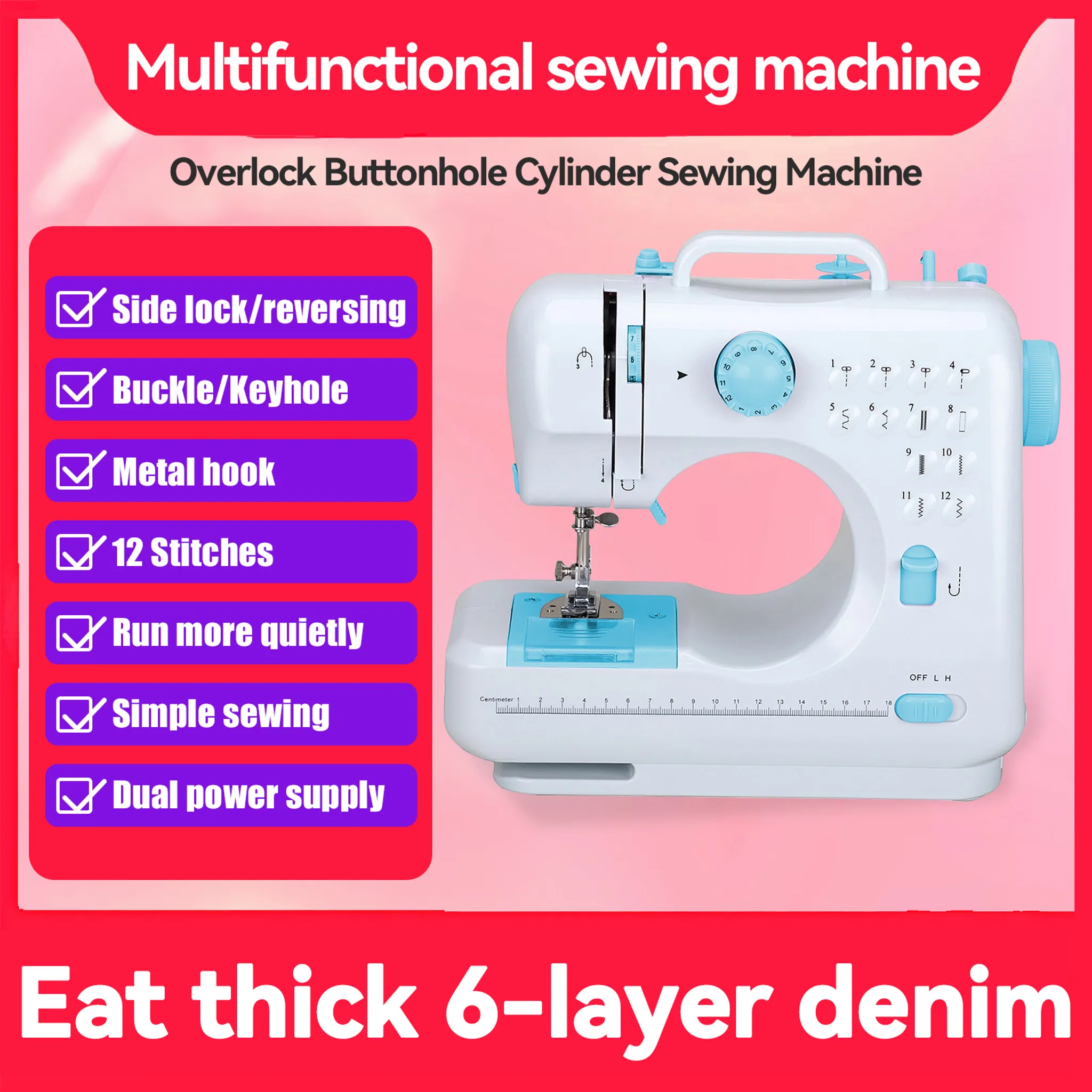 Eine weiße Nähmaschine mit blauen Akzenten und einer Liste von Funktionen.