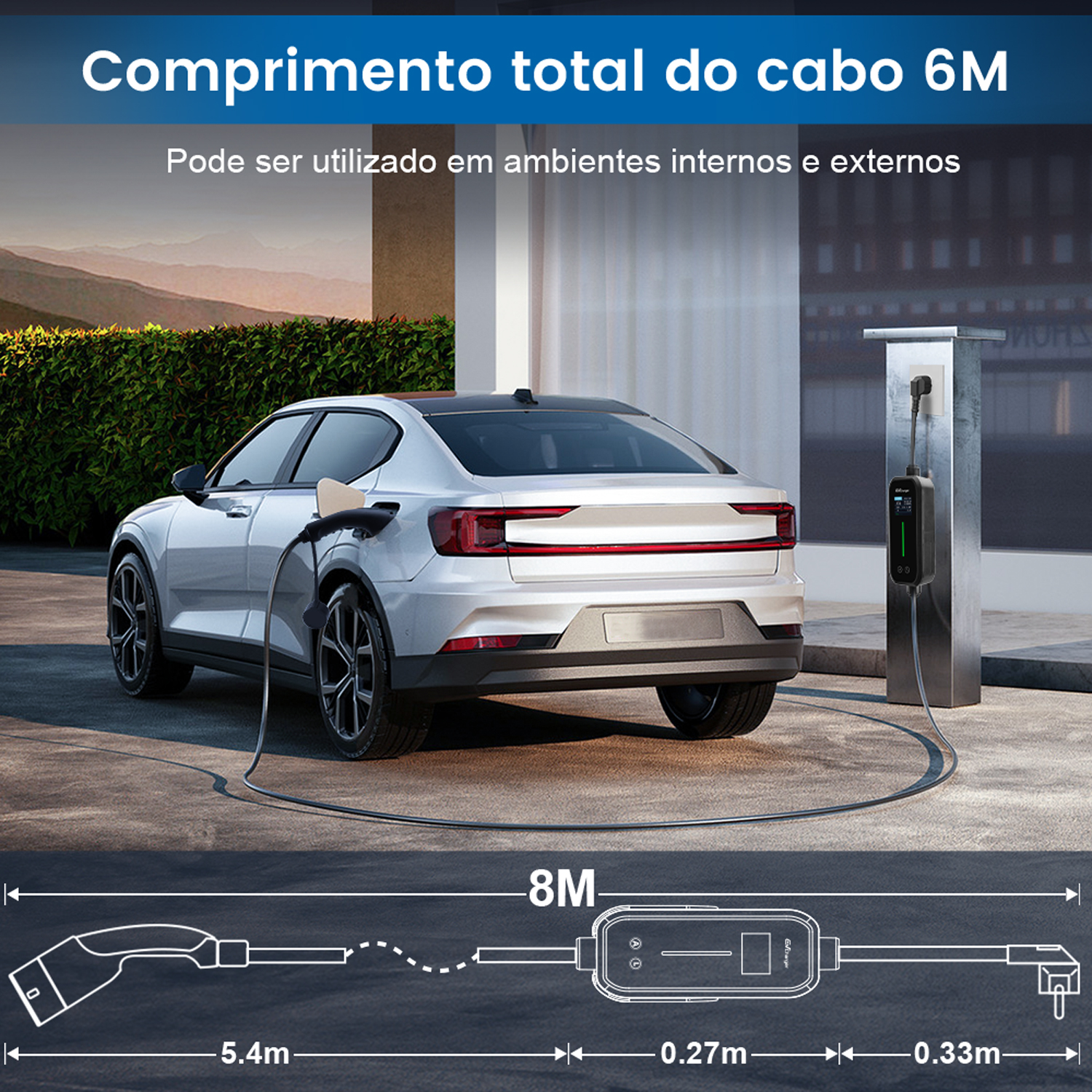 Ein weißes Elektroauto wird an einer Ladestation mit einem 6M-Kabel geladen.