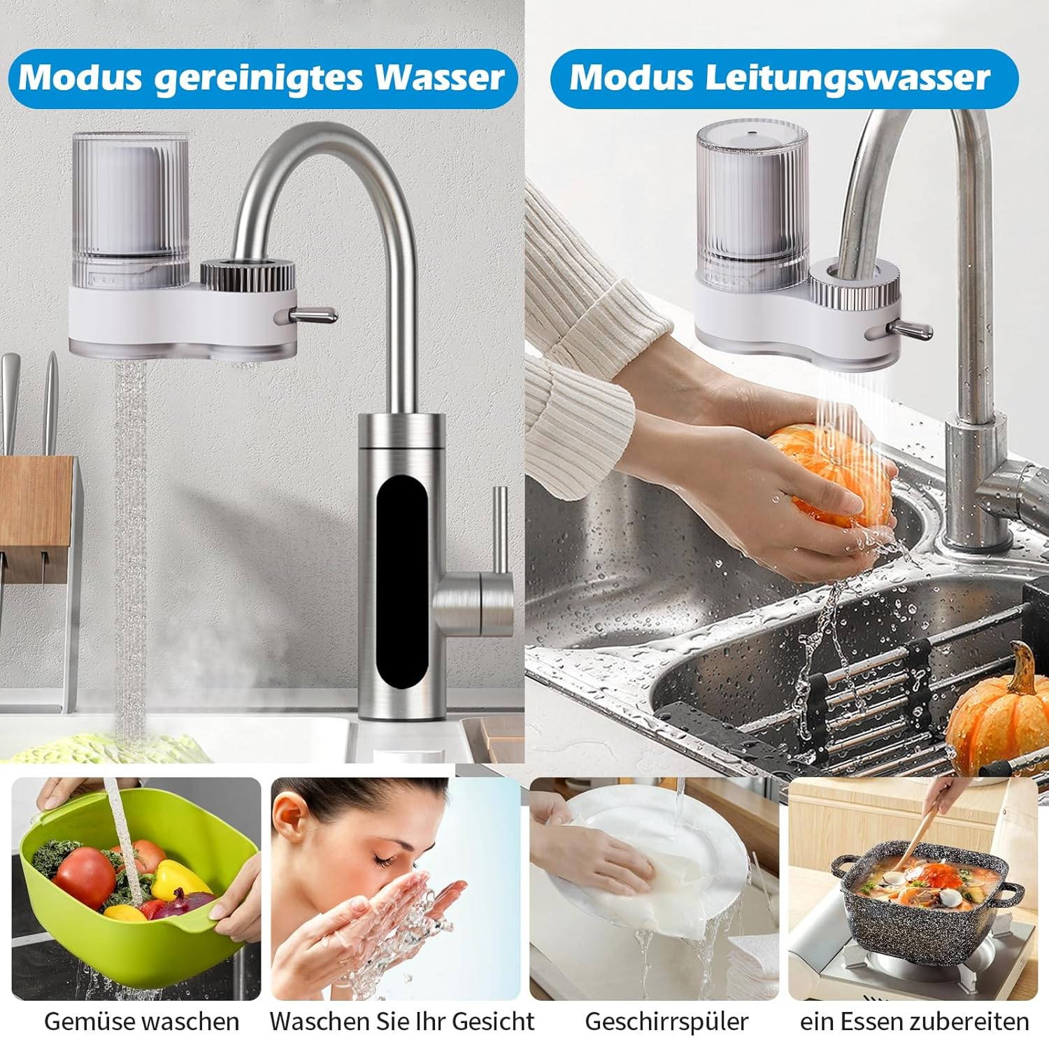 Wasserfilter-Aufsatz für Wasserhähne mit verschiedenen Modi, zeigt Waschen von Gemüse, Gesicht, Geschirr und Kochen.