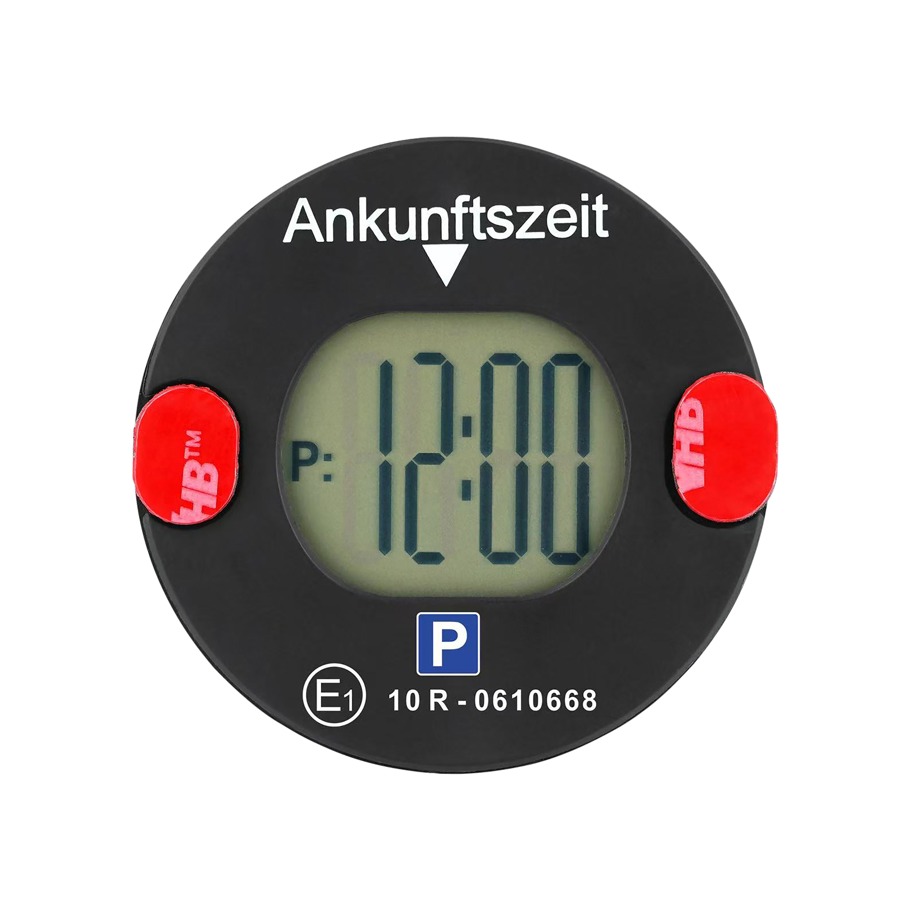 Schwarzer Parktimer mit digitaler Anzeige von 12:00, roten Knöpfen und "Ankunftszeit".