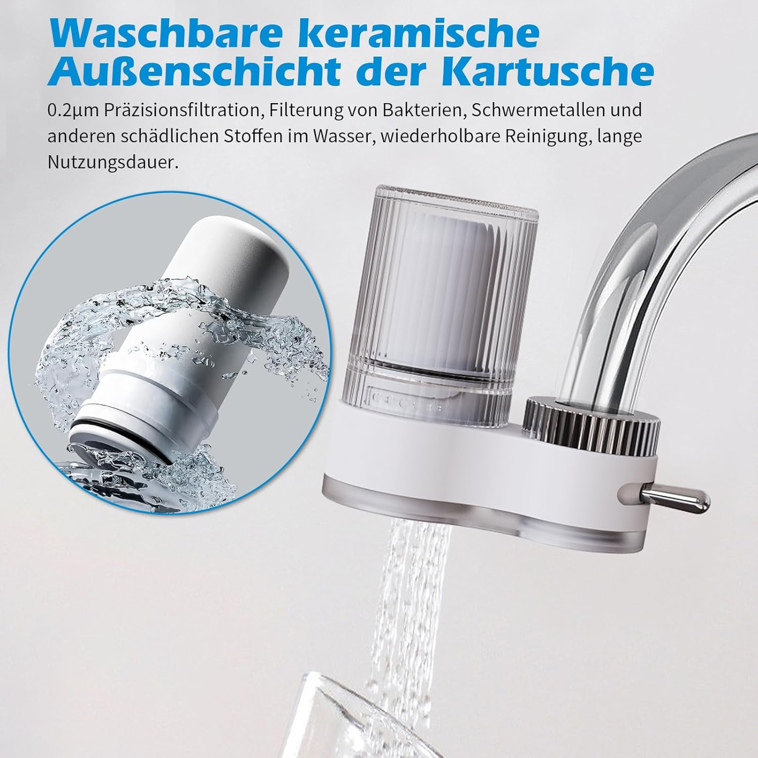 Wasserfilter für Wasserhahn mit Keramikeinsatz. Wasser fließt durch.
