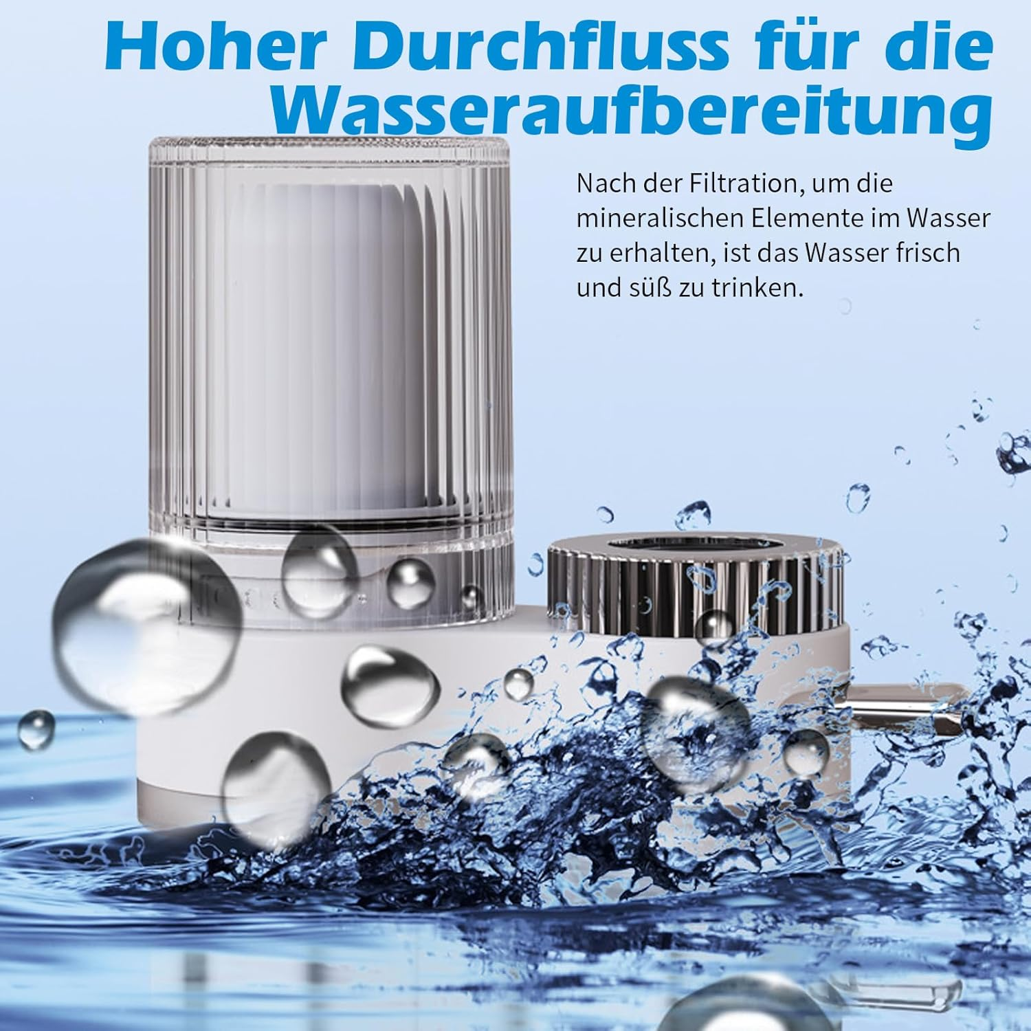 Wasserfilter mit Spritzern, die frisches Wasser darstellen.