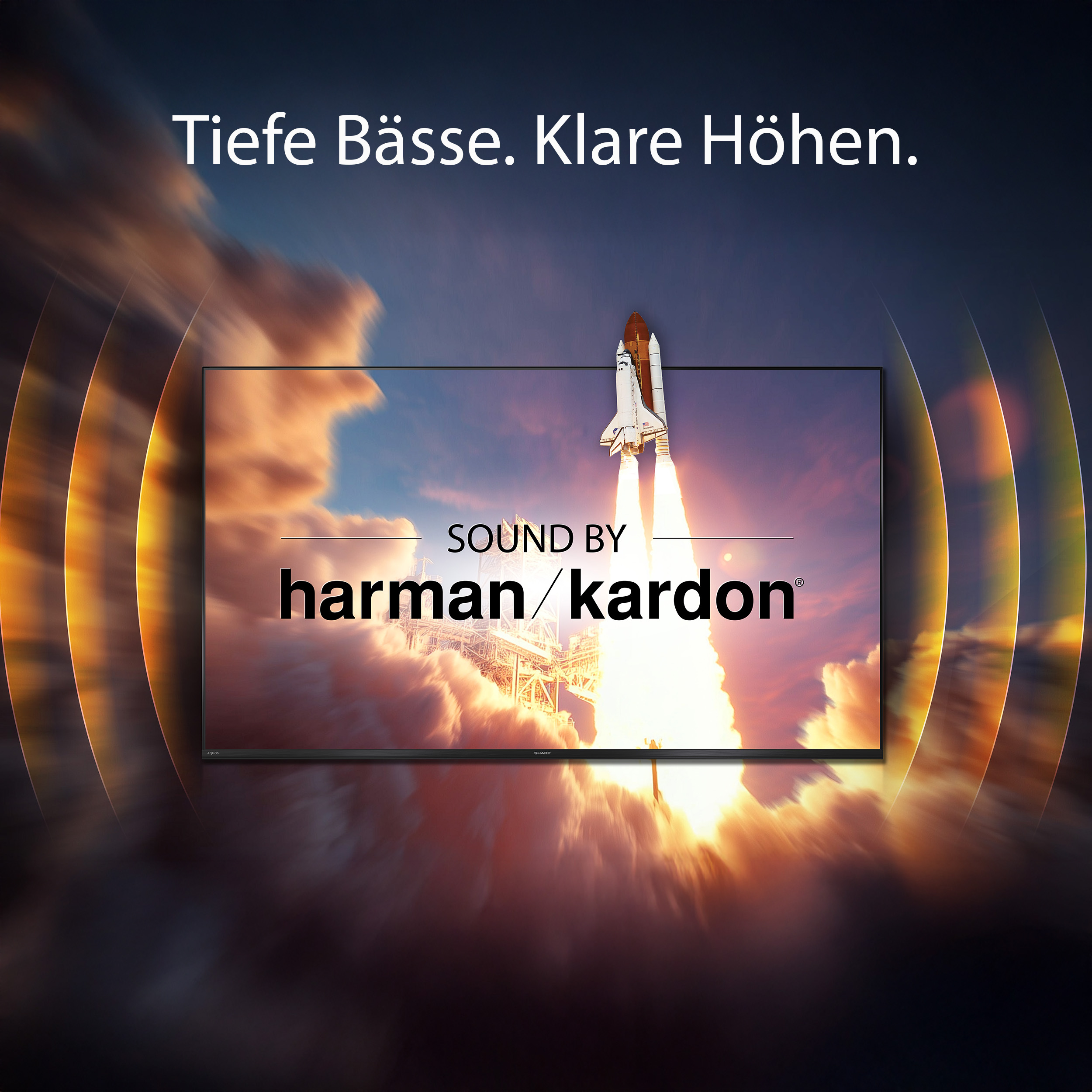 Ein Fernseher zeigt eine Rakete beim Start, umgeben von Wellen.