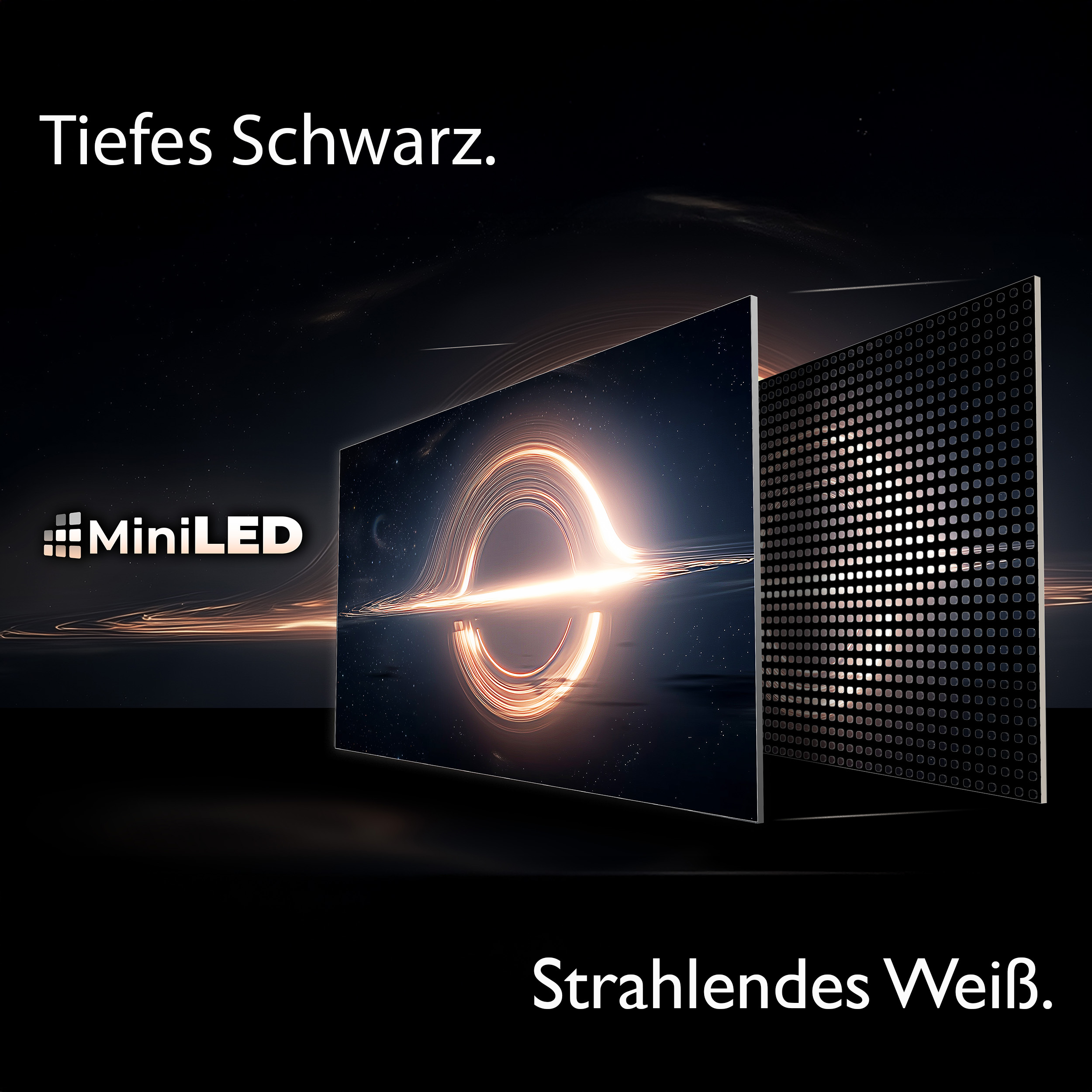 MiniLED-TV zeigt schwarzes Loch & Pixel. Tiefe Schwarz & strahlendes Weiß.