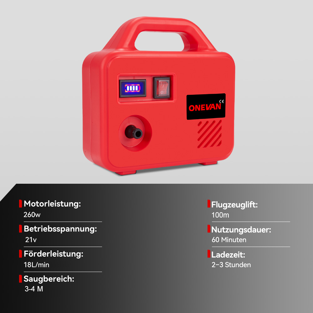 Rotes Kompressorgerät mit ON E VAN Logo, Batterieanzeige und Schalter.