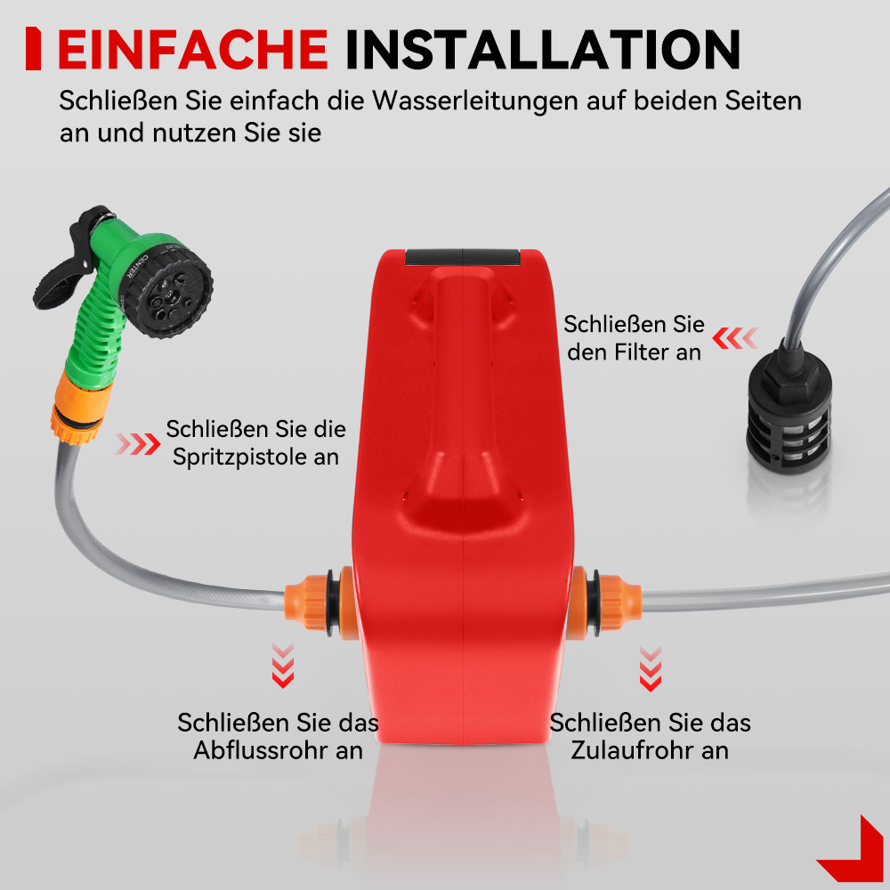 Installation: Schlauchpistole, roter Behälter, Filter, Zu- und Abflussrohr.