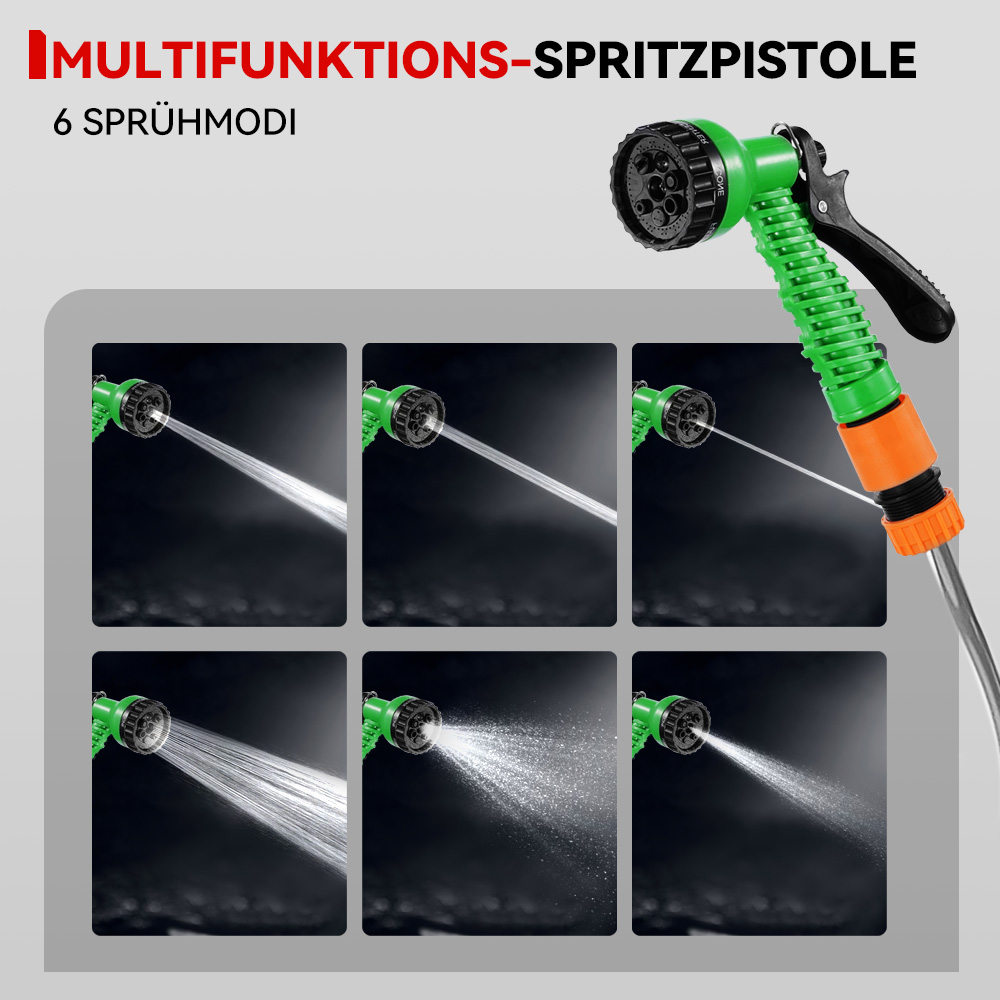 Grüne Spritzpistole mit 6 Sprühmodi im Einsatz, zeigt verschiedene Wasserstrahlen.