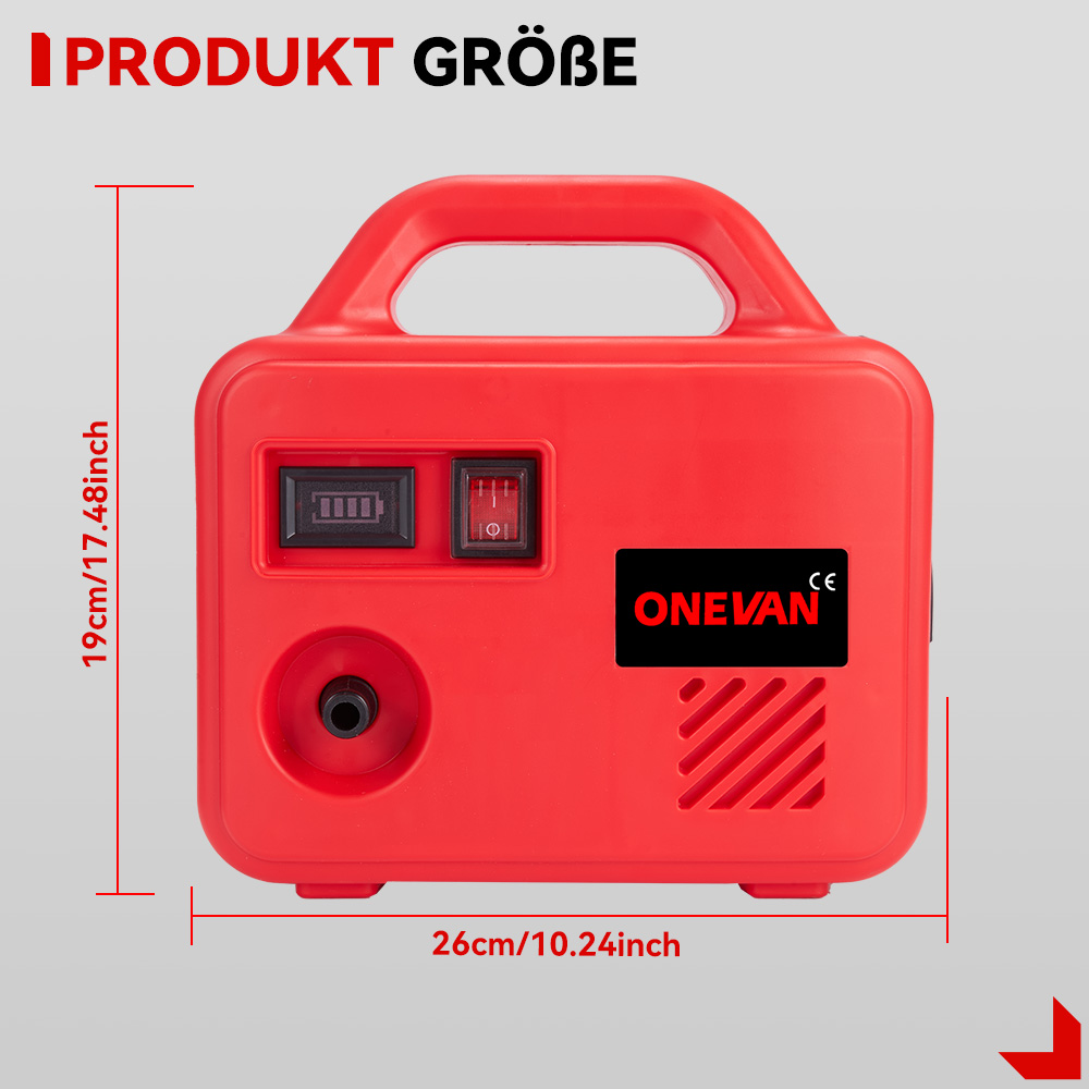 Ein roter Kompressor mit Griff, Schaltern und "ONEVAN" Logo. Maße angegeben.