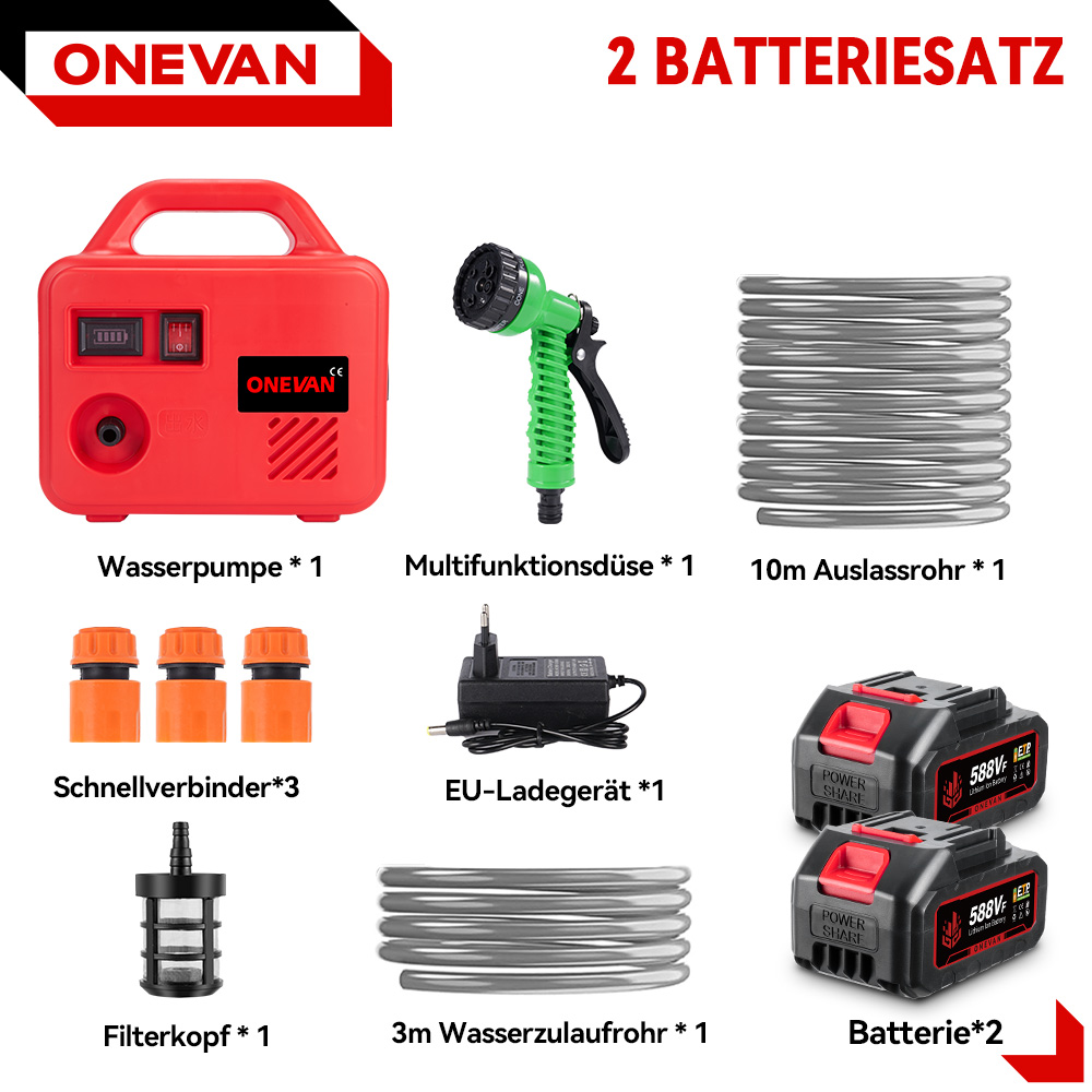 Ein roter Wasserpumpen-Kit mit Zubehör: Spritzpistole, Schläuche, Ladegerät, Filter und Akkus.