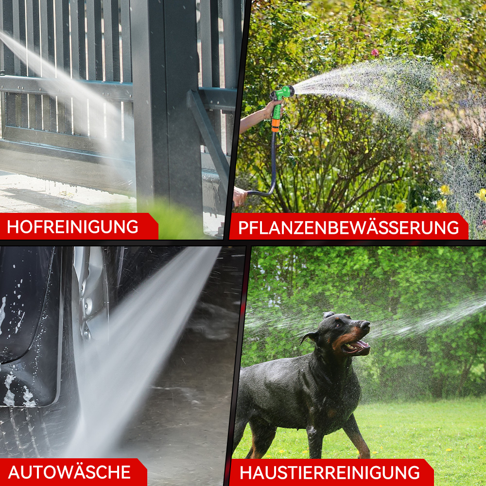 Vier Szenen: Hofreinigung, Pflanzenbewässerung, Autowäsche, Haustierreinigung.