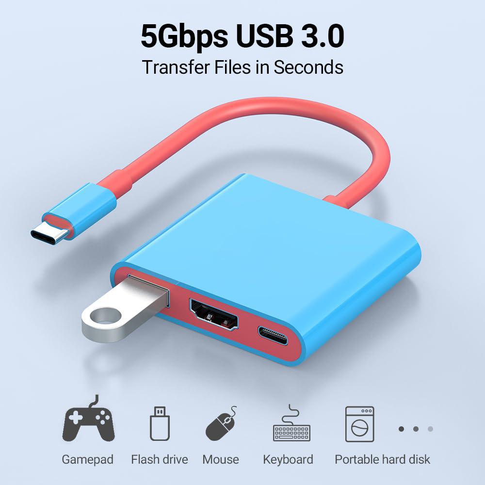 Blaue USB-C-Nabe mit rotem Kabel, Anschlüsse für HDMI, USB und SD-Karte. Symbole zeigen Geräte.