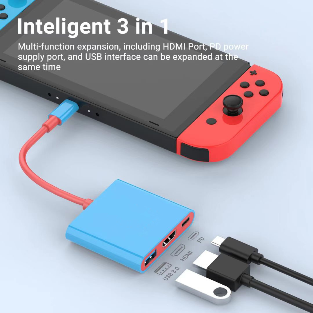 Ein blaues Adapterkabel mit USB-, HDMI- und PD-Anschlüssen, verbunden mit einem Nintendo Switch.
