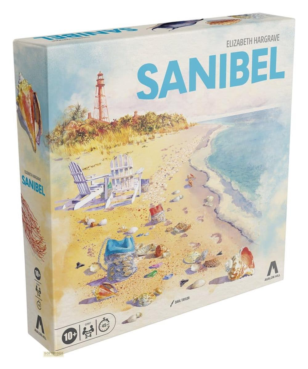 Kartenspiel-Box mit Strandmotiv, Muscheln, Liegestühlen und Leuchtturm.