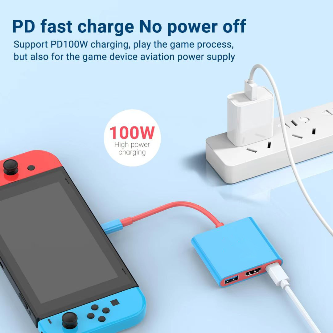 Ein Nintendo Switch wird über einen Adapter mit Strom versorgt, der an eine Steckdosenleiste angeschlossen ist.