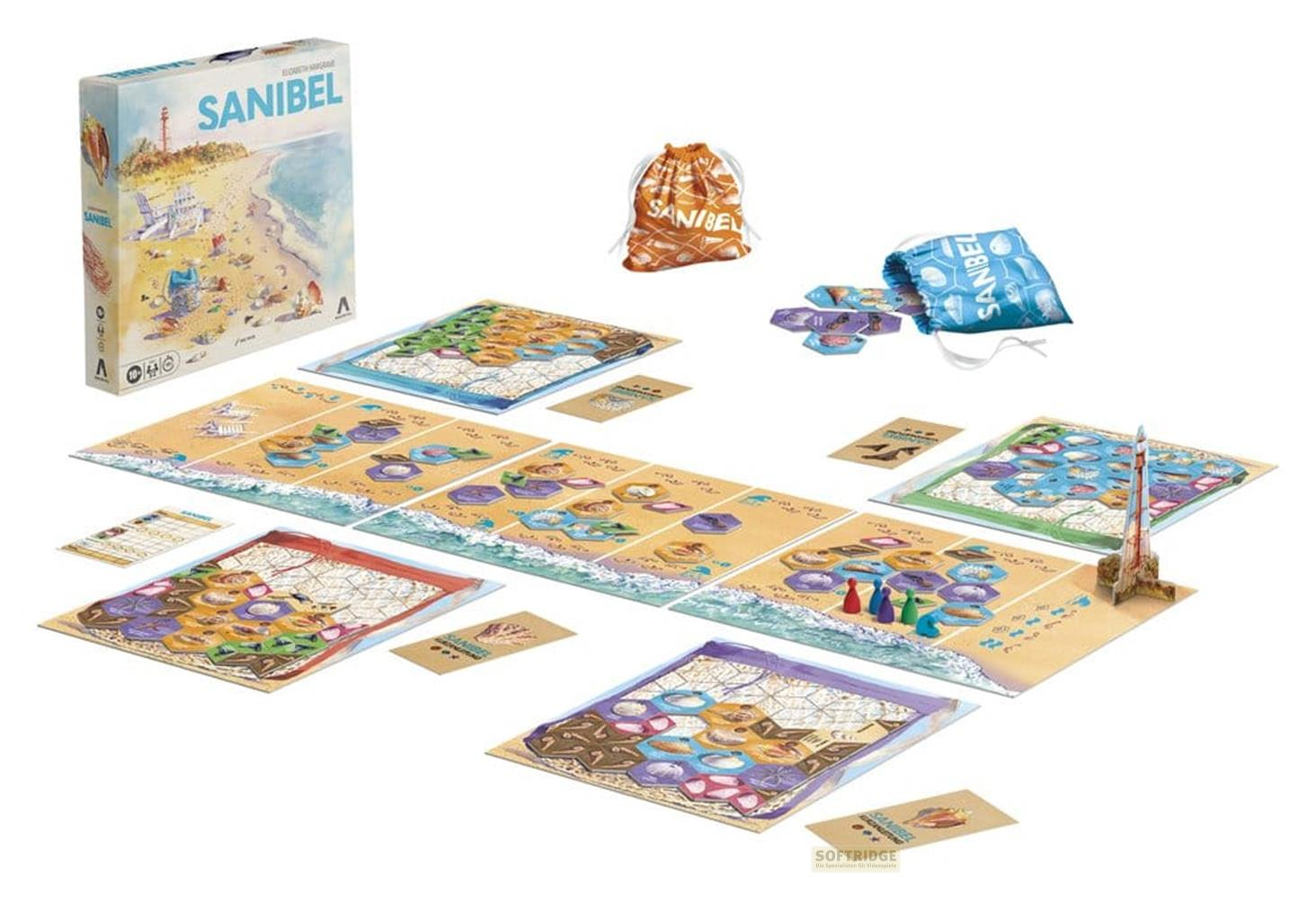 Das Brettspiel "Sanibel" mit Spielbrett, Karten und Beuteln auf weißem Hintergrund.
