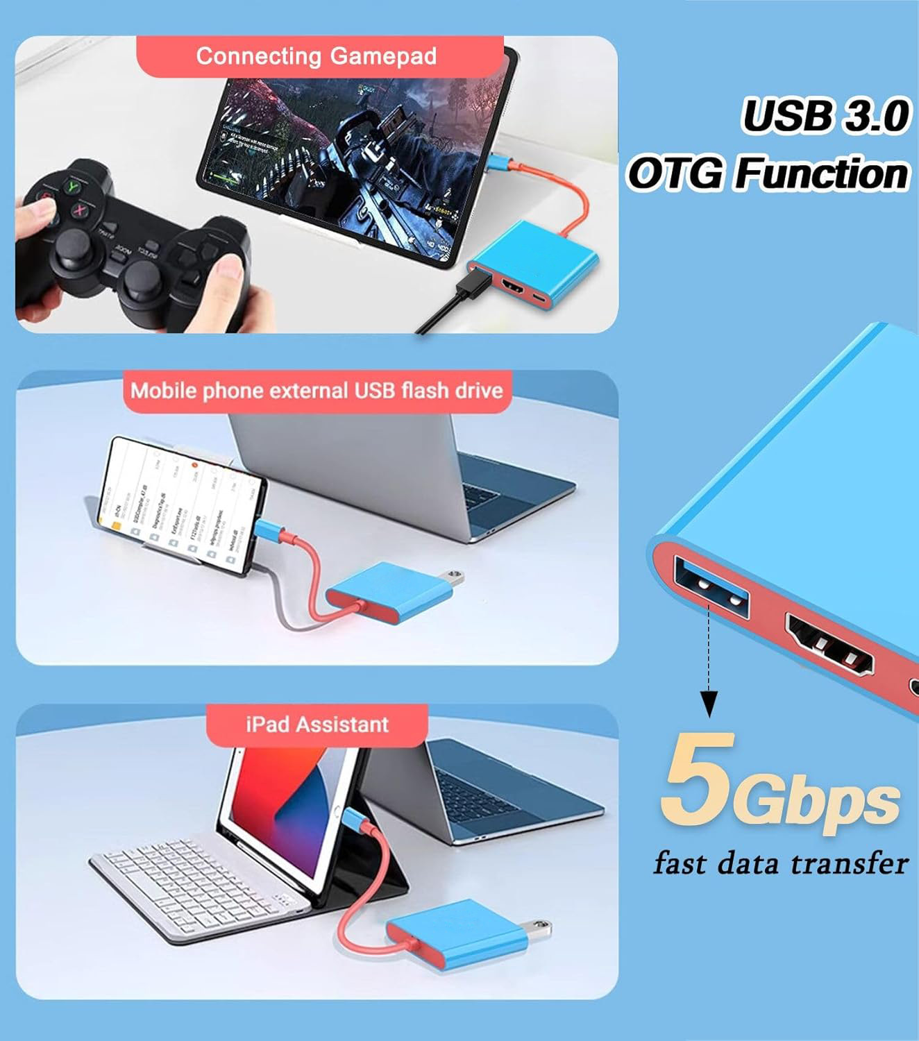 Ein USB-Hub verbindet ein Tablet mit einem Gamepad, ein Smartphone mit einem Laptop und ein iPad mit einer Tastatur.