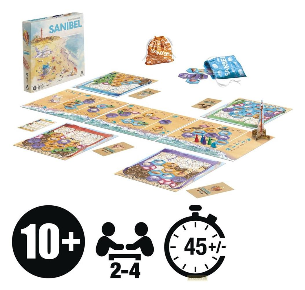 Brettspiel mit Strandmotiv, Spielbrett, Karten, Beutel und Spielfiguren.