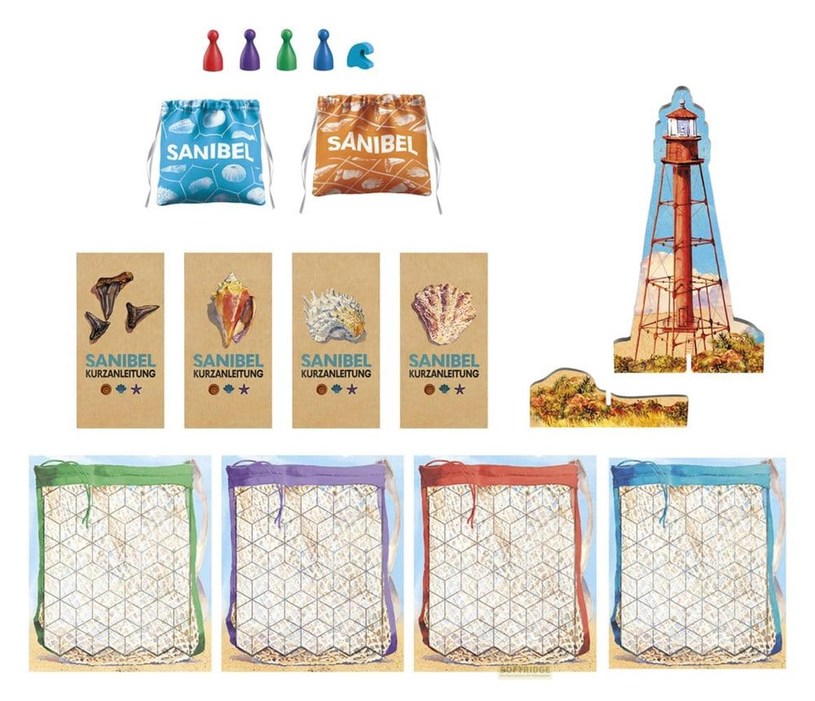 Spielmaterial: Leuchtturm, Säcke, Anleitungskarten mit Muscheln & Haifischzähnen, Spielfiguren.