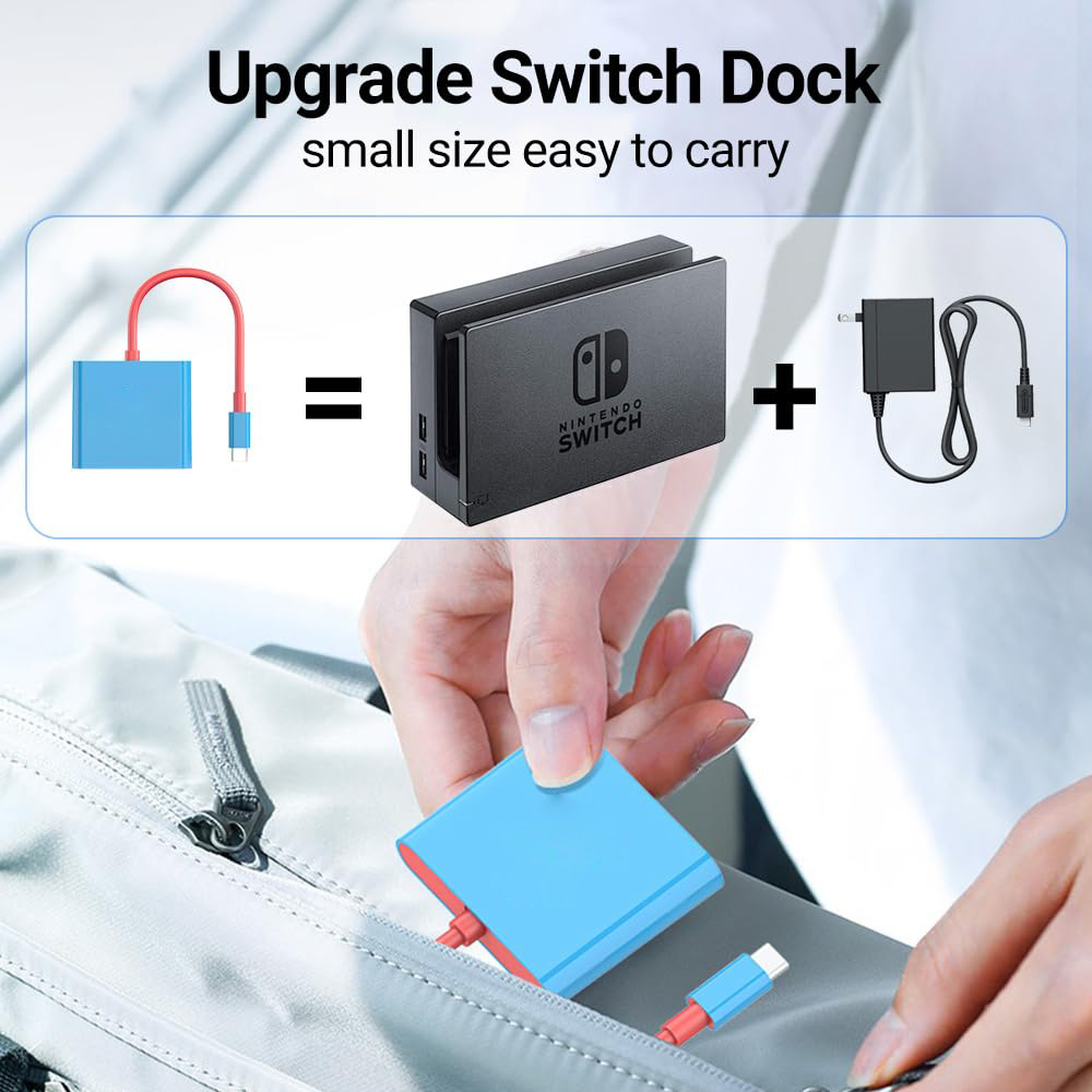 Ein blaues und rotes Nintendo Switch Dock in einer Tasche. Es ersetzt das Original.