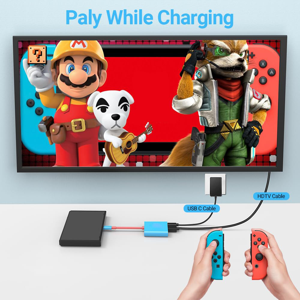 Mario, K.K. Slider und Fox McCloud auf einem Fernseher. Ladekabel unten.