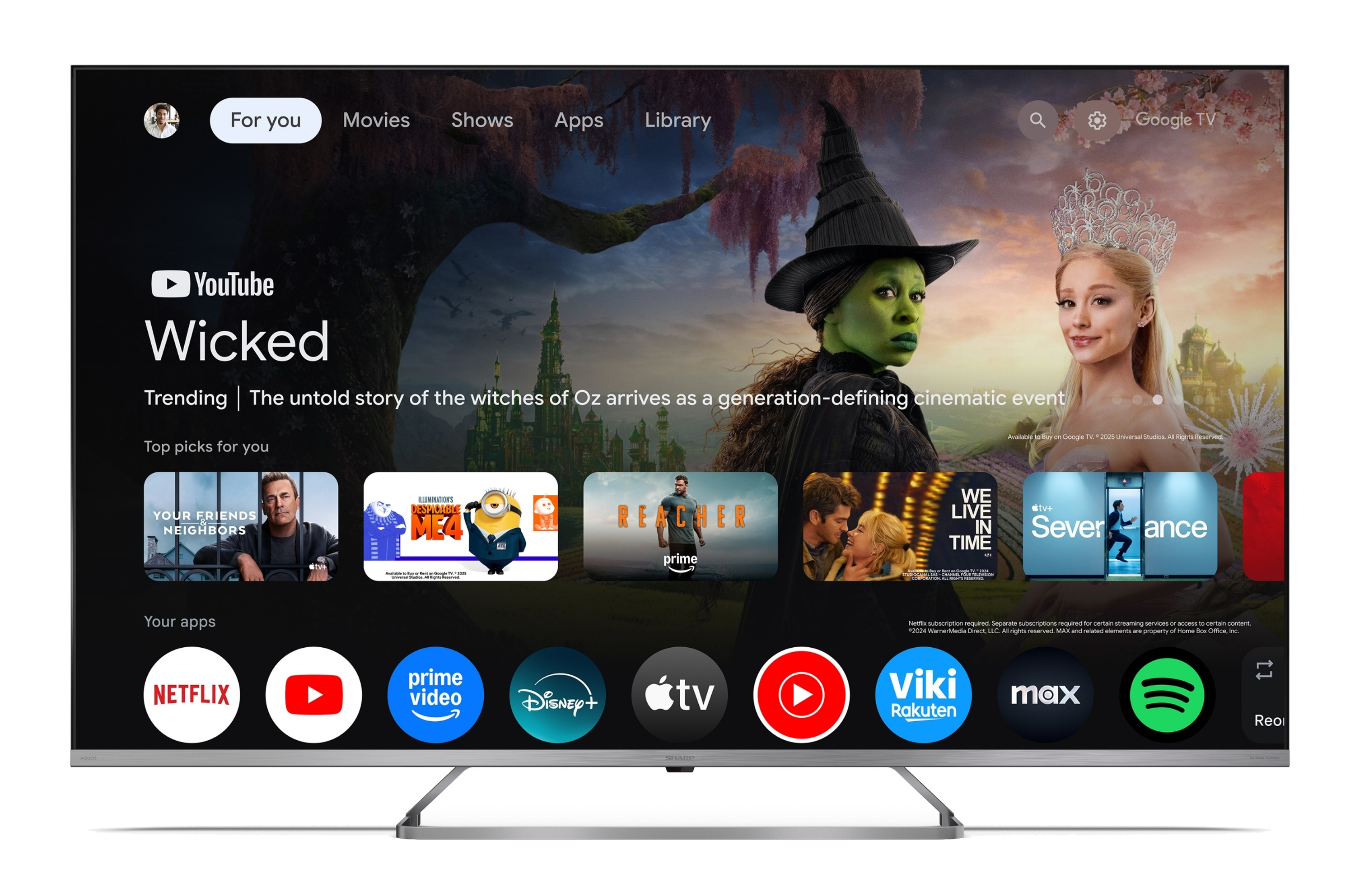 Google TV-Startbildschirm mit Filmauswahl, „Wicked“ und App-Icons.