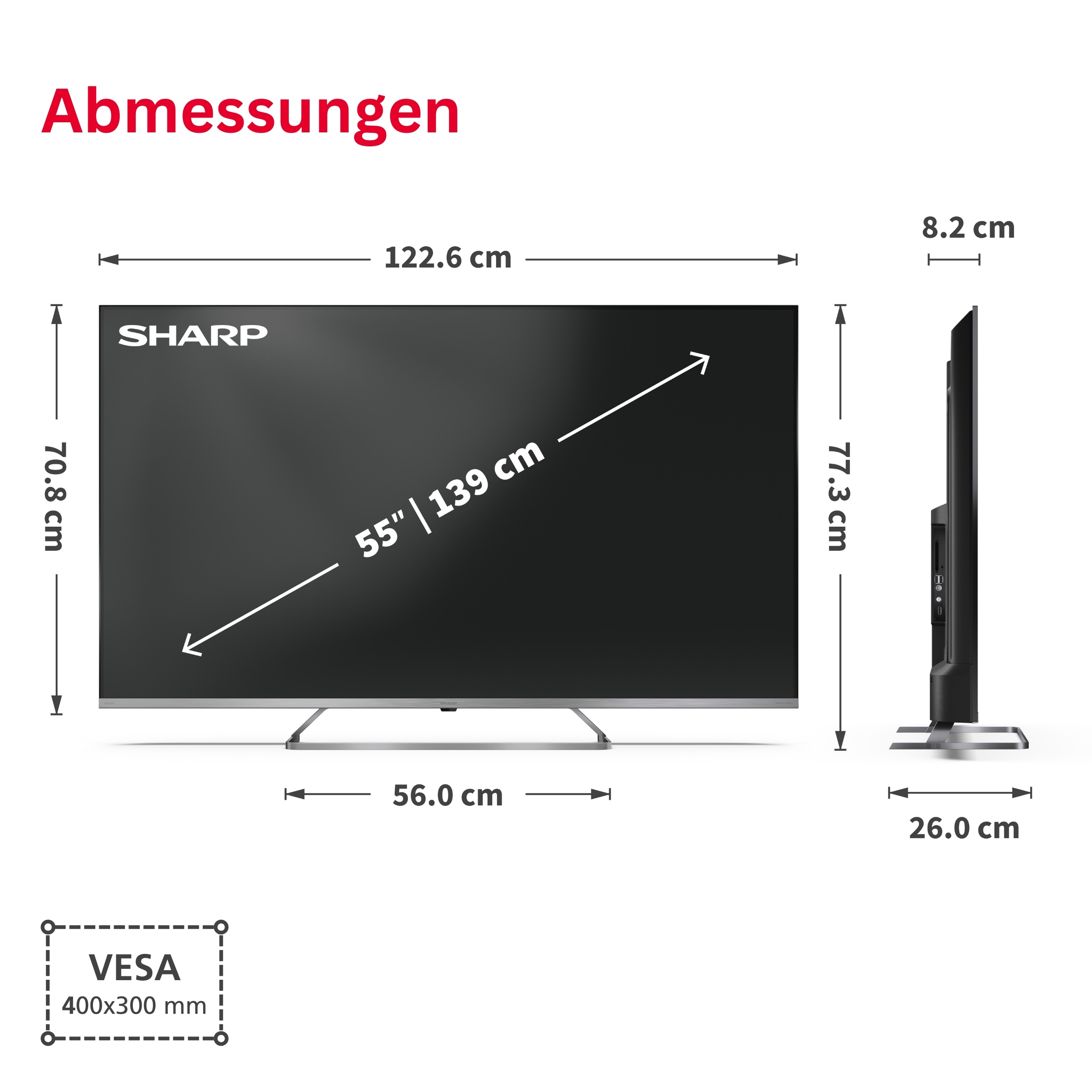 Abmessungen eines 55-Zoll-Fernsehers: Breite 122,6 cm, Höhe 77,3 cm, Tiefe 8,2 cm.