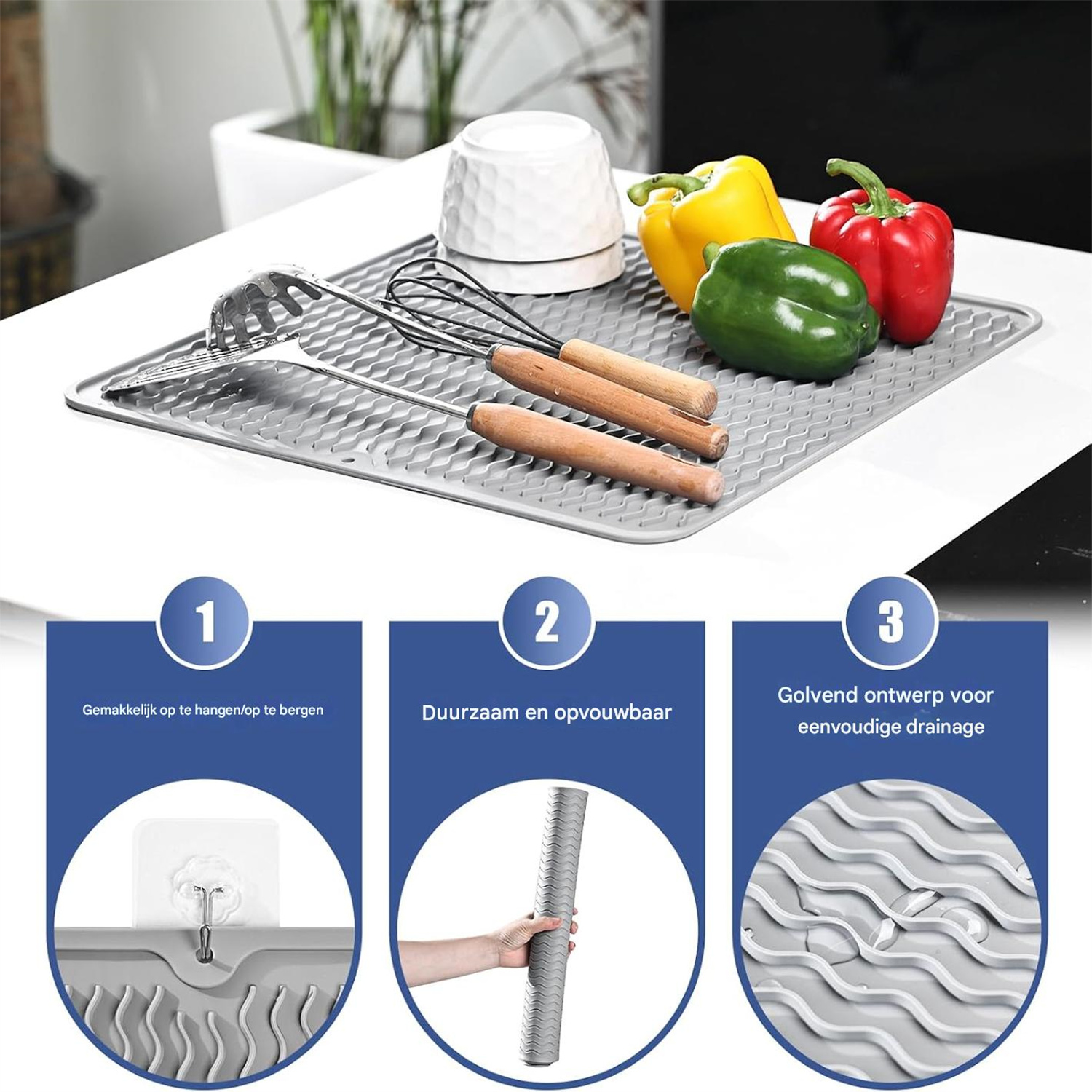 Graue Abtropfmatte mit Kochutensilien und Paprika, daneben 3 Infoboxen.