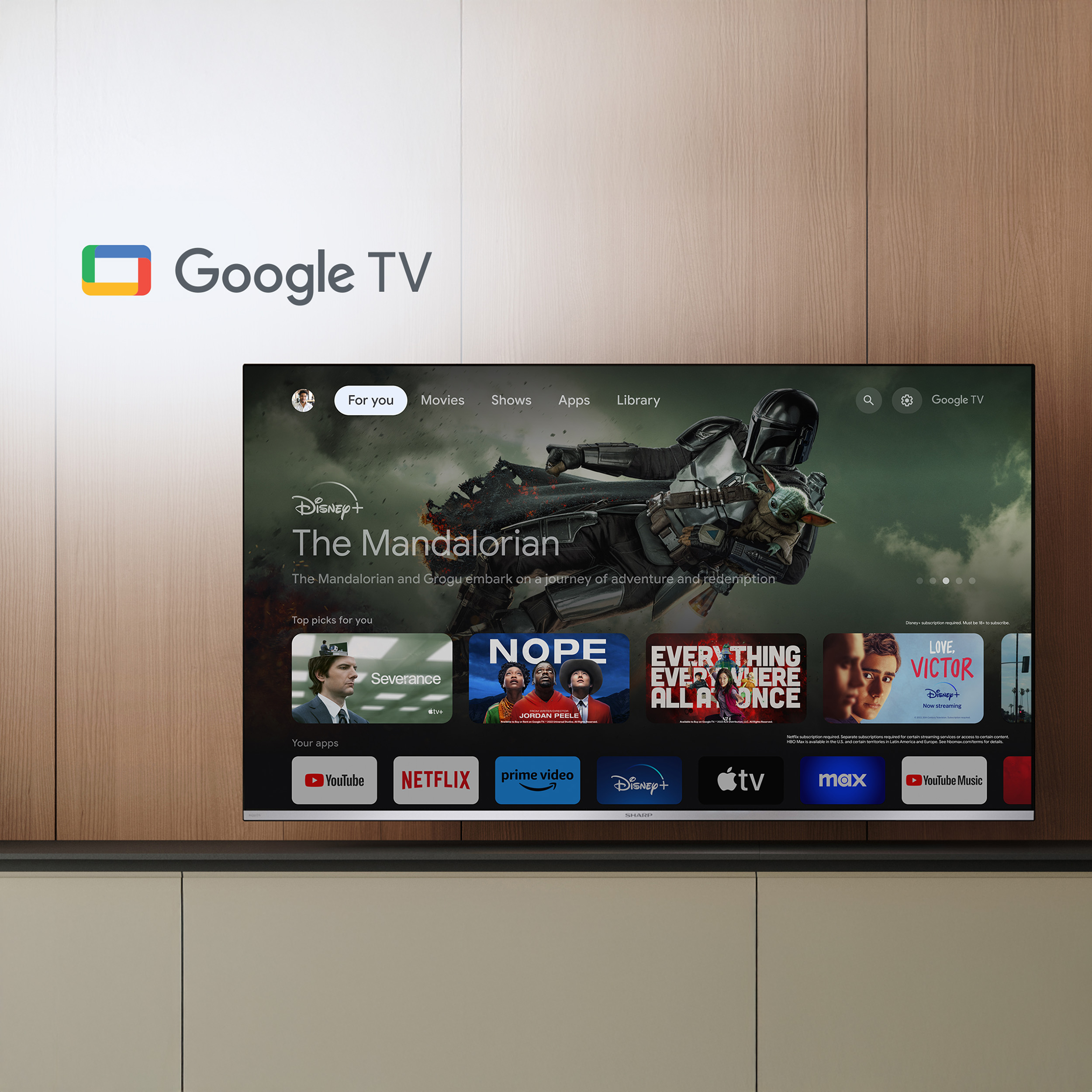 Google TV Startbildschirm mit dem Film "The Mandalorian" und App-Symbolen.