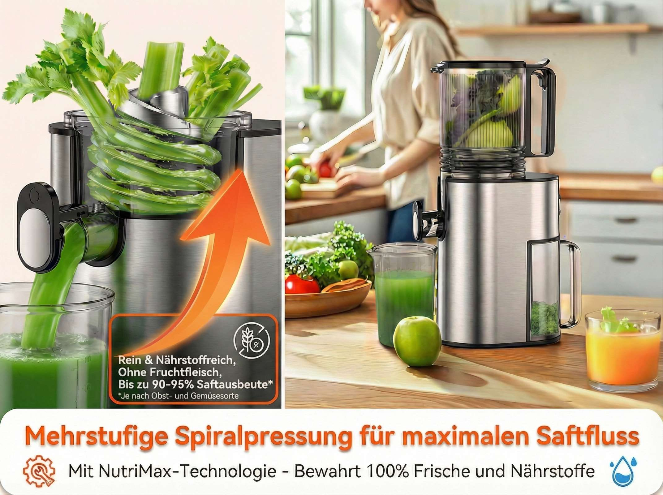 Entsafter presst Sellerie. Eine Frau kocht im Hintergrund. Mehr Saft.